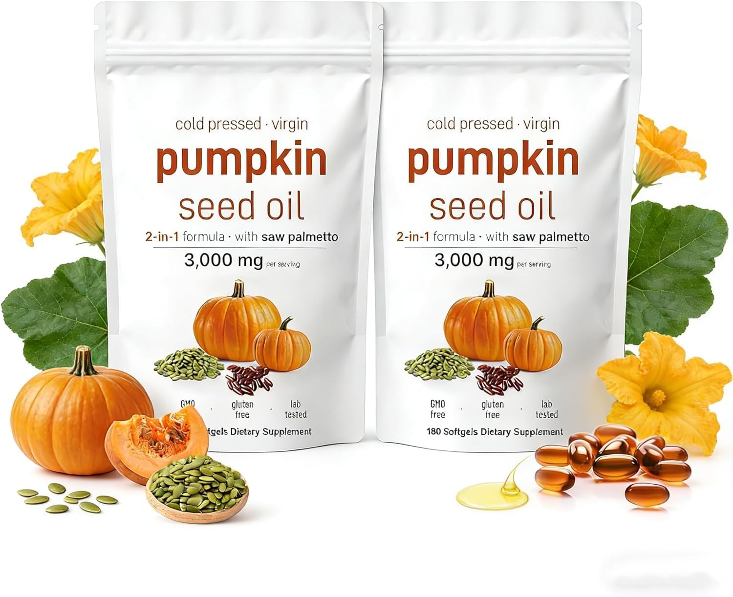 Pumpkin Seed Oil Capsules with Saw Palmetto 3000mg – Cold-Pressed Blend for Hair Growth, Prostate & Urinary Support – Non-GMO Herbal Supplement, 180 Softgels per Pouch, 2 Pack