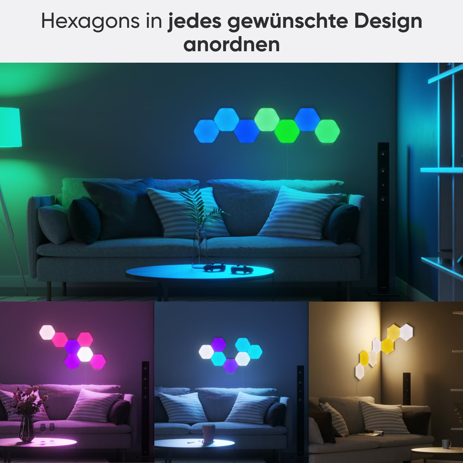 Nanoleaf Shapes Hexagon Starter Kit, 9 Smarten LED Panels RGBW - Modulare WLAN 16 Mio. Farben Wandleuchte Innen, Musik & Bildschirm Sync, Funktioniert mit Alexa Google Apple, für Deko & Gaming