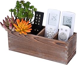 WuGeShop Wood Remote Control Holder 4 Compartments, Rustic Table TV Remote Caddy, Multi-use Desktop Storage Organizers for Pencils, Pens, Phones