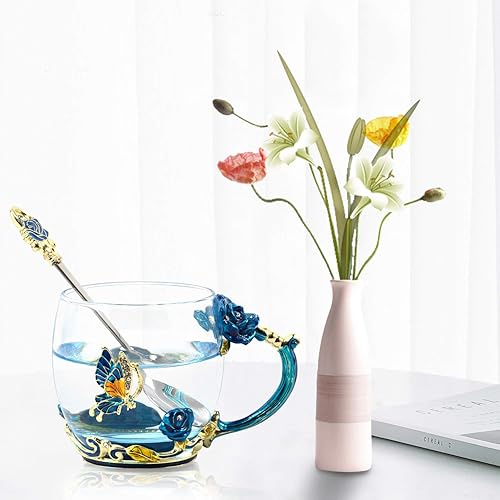 Miniatura 4 de Taza de té, juego de taza de café con cuchara de cristal, con mariposas y flores de vidrio transparente y esmalte hechas a mano, regalo para el día