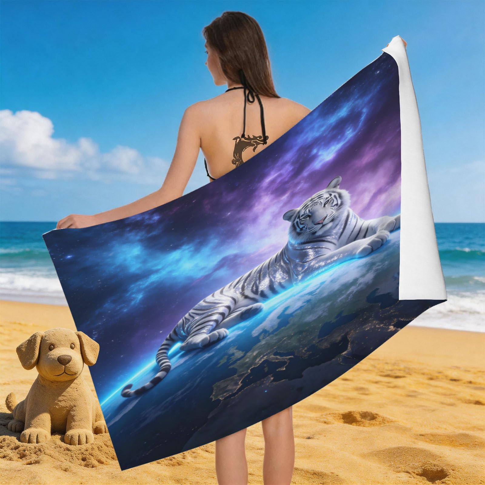 Leichong Men's White 3D Tiger Beach Towel Microfiber Soft Quick Dry For Adults, Dreamy Bath Towel Lightweight Soft Absorbent For Travel Swimming Pool Sports, 75 X 150 Cm
