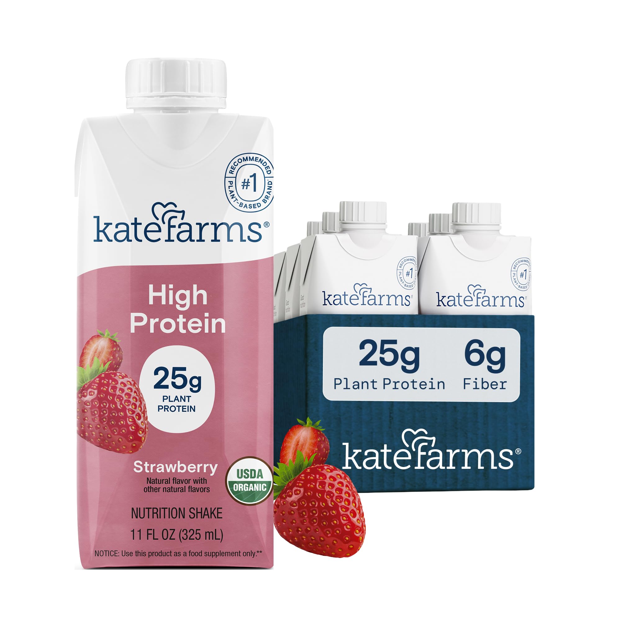 KATE FARMS Organic High Protein Strawberry Shake, 25g Protein, 6 Pack