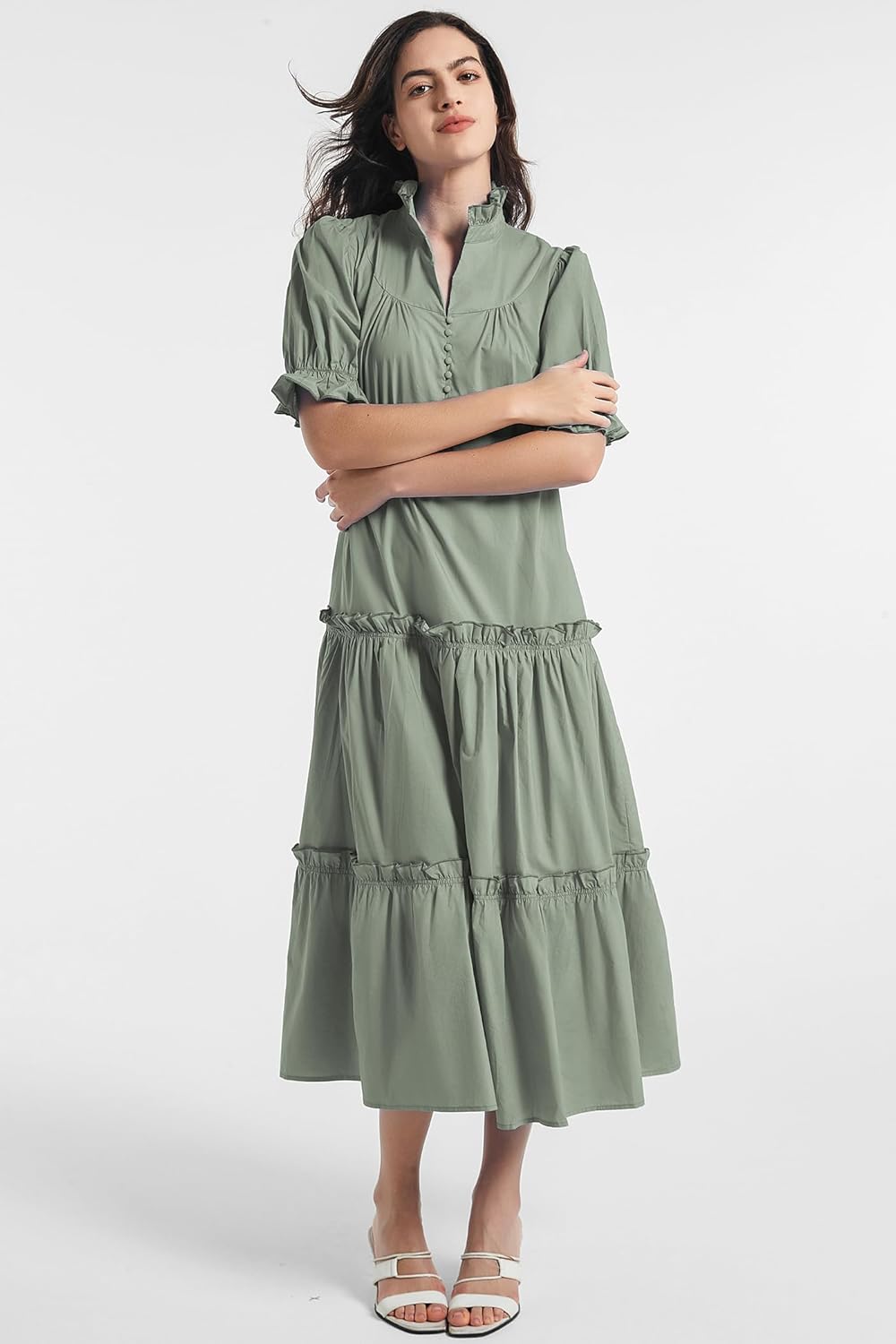 D-Sun Women Casual Button Down Maxi Dress Short Puff Sleeves Stand Collar Tiered Elegant Flowy Swing Long Dress with Tie - Image 3