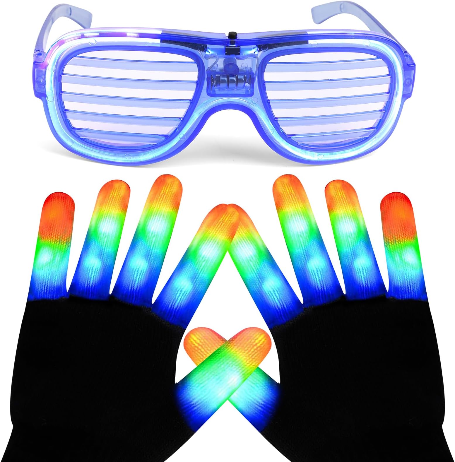 LED Light Up Glove & Glasses Christmas Party Costumes Outfit, Glowing Glasses Flashing Finger Glove Carnival Birthday Festival Party Supplies Toy Gift
