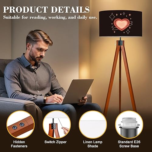 Miniatura 3 de Wood Tripod Floor Lamp Pink heart sparkle Seamless y2k retro style pastel blurred gragient Mid Century Standing Lamp Linen Shade Dimmable Modern