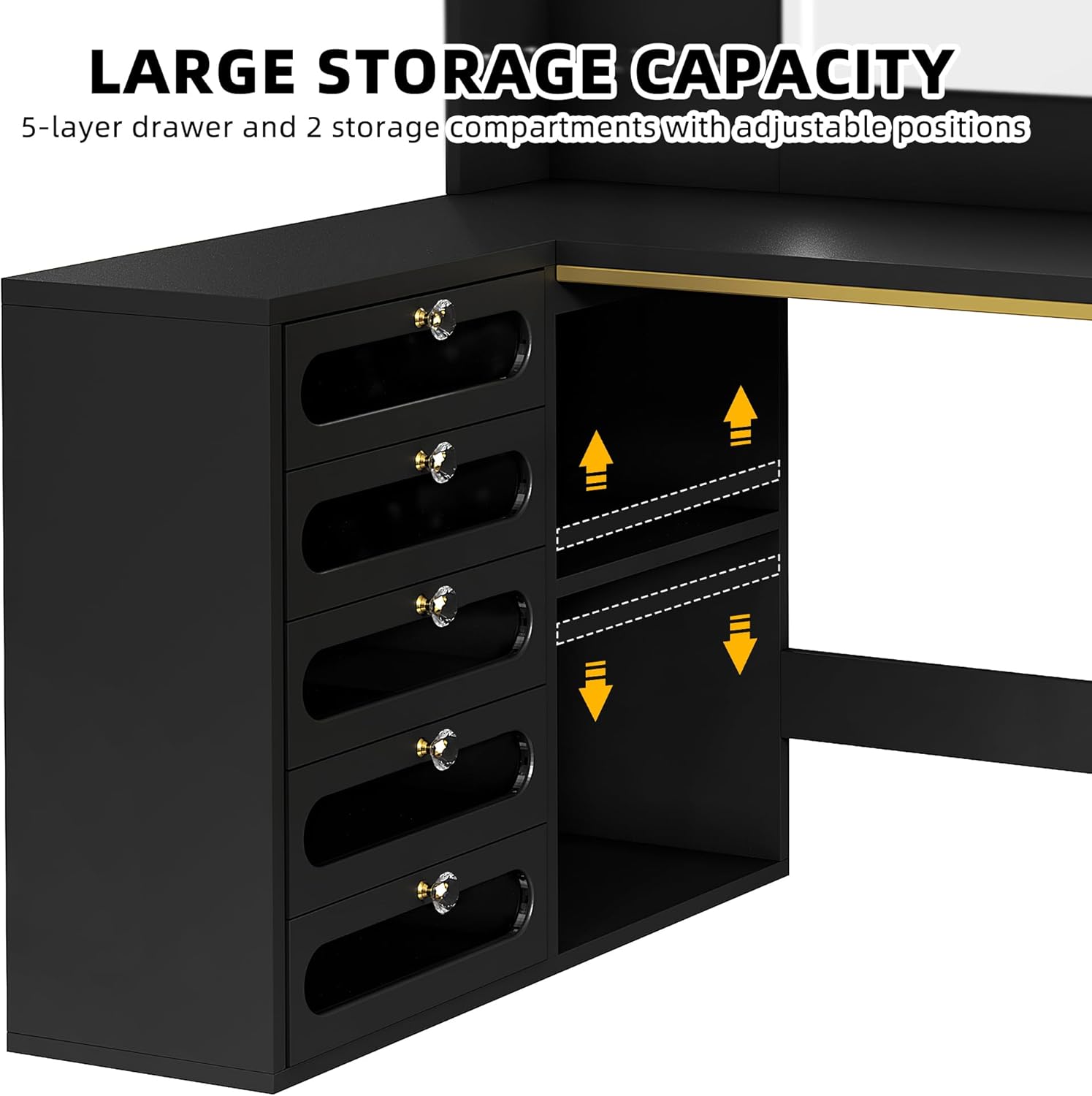 Detail of the vanity's storage, highlighting the five acrylic visualized drawers and adjustable shelves.