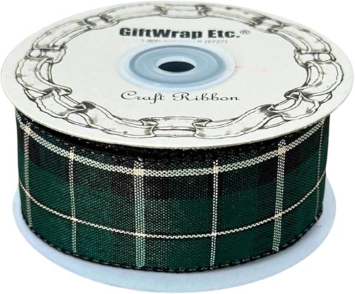 Miniatura 2 de Cinta navideña de tartán navideño con alambre, 1 12 pulgadas x 10 yardas, a cuadros negros, dorados y verdes, corona, envoltura de regalos, lazos,