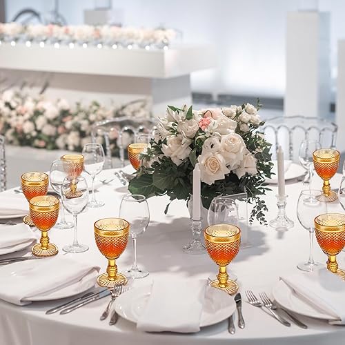 Miniatura 4 de Bokon Juego de 12 copas de vidrio ámbar de 10 onzas de alto transparente, copas de agua vintage, diseño de diamante en relieve, cristalería con