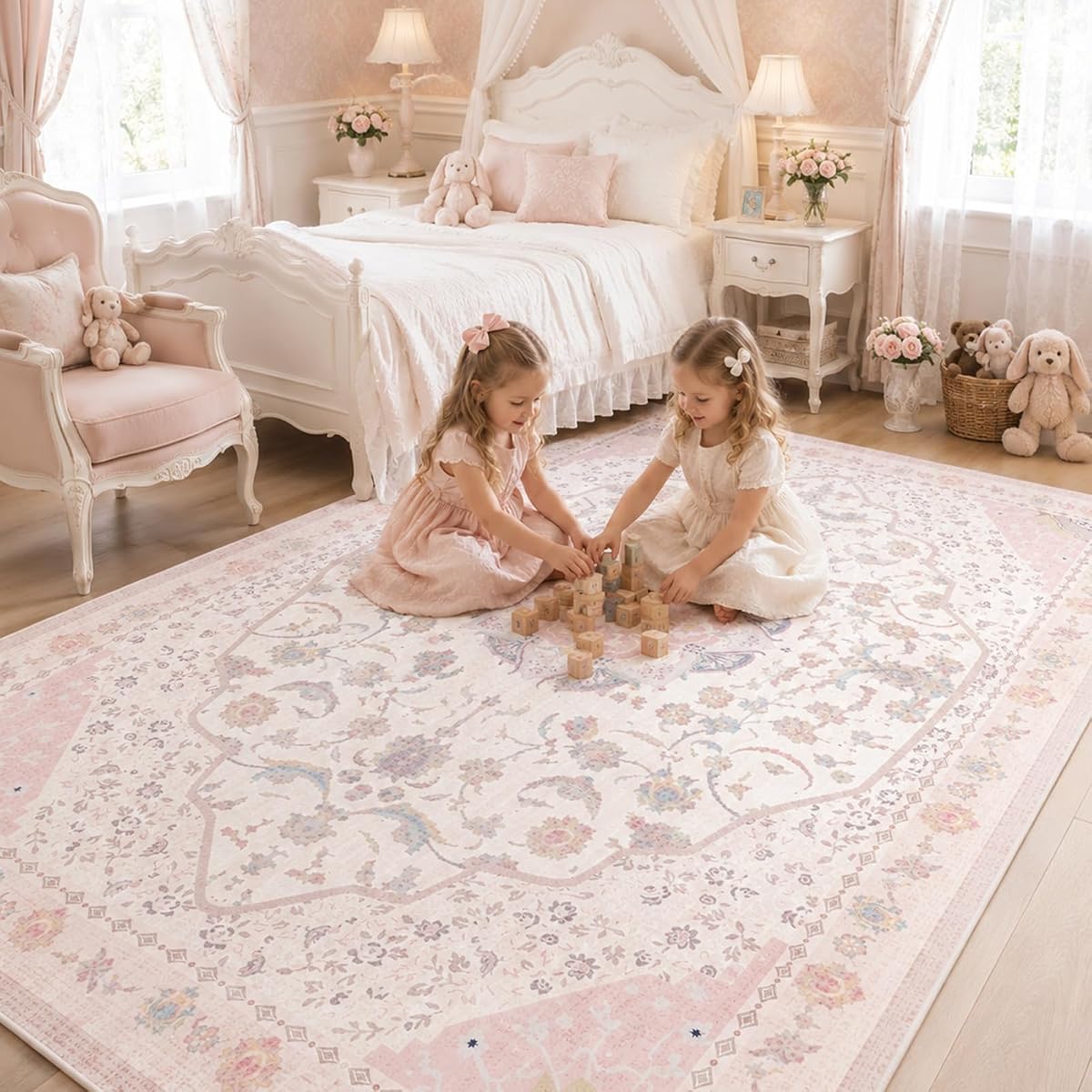 Pink Washable Area Rug for Nursery Living Room Bedroom Girls 5'x7' | Kids Pets Friendly,Soft,Floor Carpets,Non Slip,Stain Resistant,Decorative Rugs for playroom,Bedside Office,Indoor Home Decor