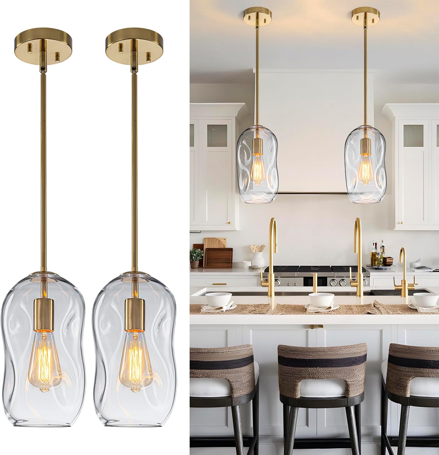 Kitchen Pendant Lighting Over Island 2 Pack,Glass Gold Pendant Light Fixtures Set of 2 Modern Vintage Hanging Lamp 1 Light with 11.4in Height Clear Thick Organic Glass Shade for Dining Table Bar,E26 Gold 2 Pack 11.4in