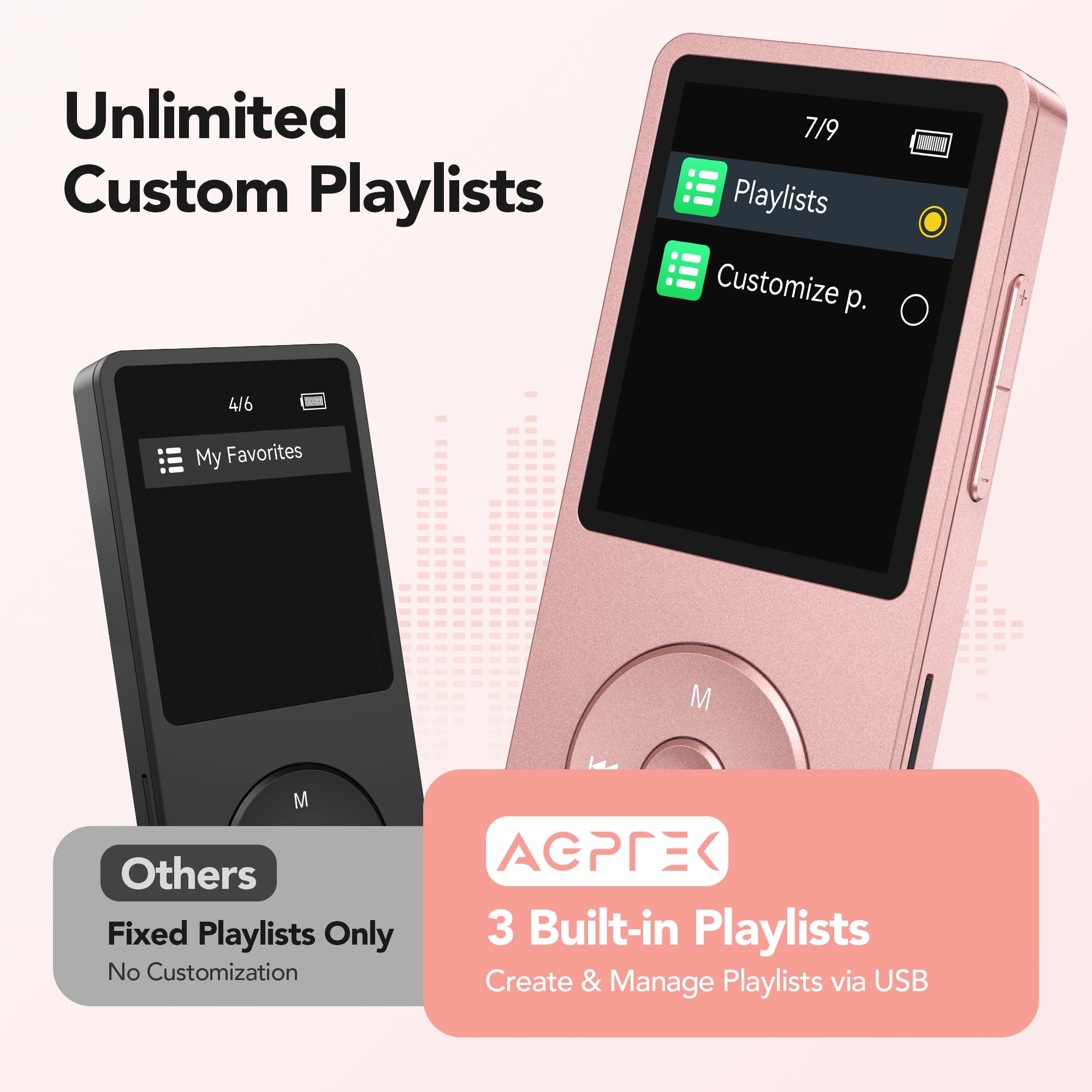 AGPTEK A02PL Reproductor MP3, 70 Horas de reproducción, Reproductor de música con Sonido sin pérdidas, admite hasta 128 GB (Oro Rosa, 64GB)