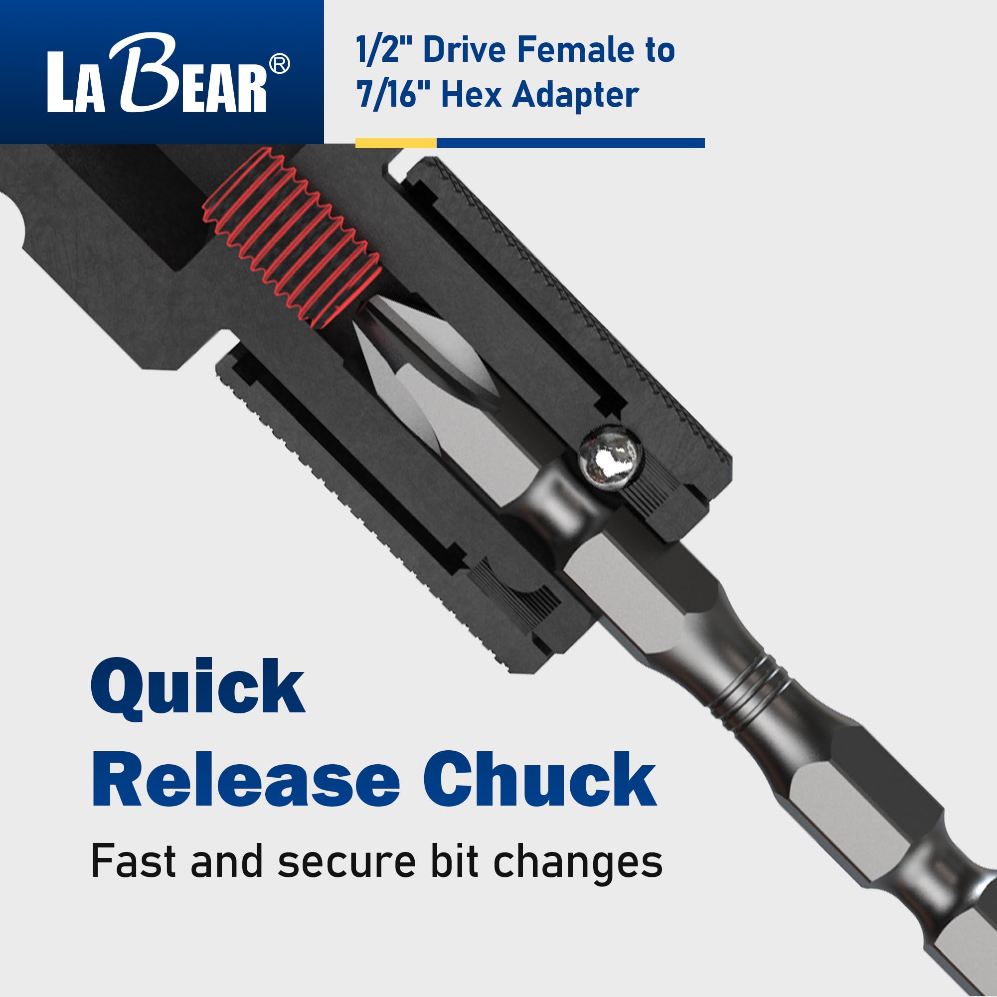 LABEAR TOOL Adapter klucza udarowego, napęd żeński 1/5.1 cm na konwerter sześciokątny 7/40.6 cm, szybkie zwalnianie, uchwyt szybkiej wymiany, adapter do wiertarki udarowej, stalowe klucze grzechotkowe