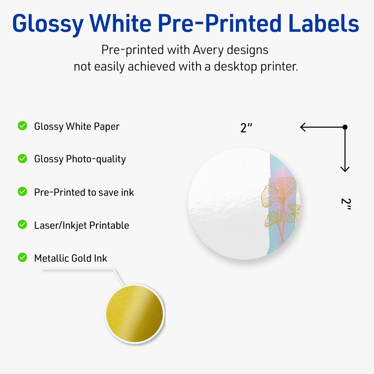 Avery Printable Round Labels with Sure Feed Technology, Pre-Printed Floral Design, Glossy White, 2" Diameter, Laser & Inkjet Compatible, 120 Total, Great for Branding, Marketing, and Events