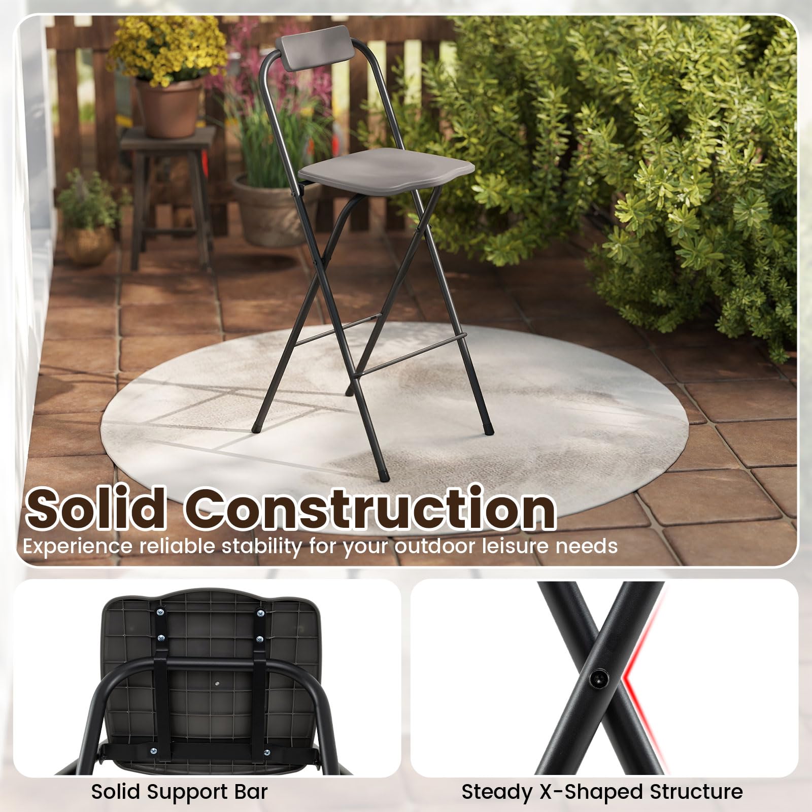 GIANTEX Juego de 2 Taburetes de Bar Plegables, Sillas Portátiles con Respaldo Inclinable, Asiento Curvado y Reposapiés, Carga hasta 150 kg, Taburetes Altos para Balcón, Comedor, Jardín (Gris)
