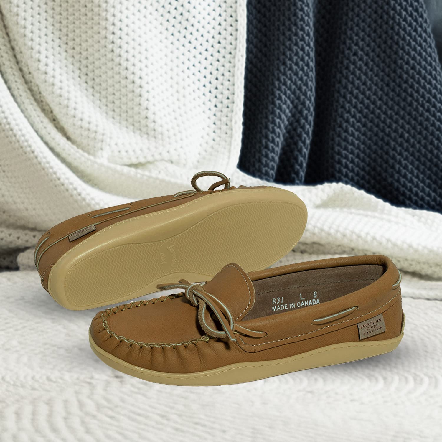 Laurentian Chief Moccasins with 8-Hole Collar for Ladies – Stylish and Comfortable House Slippers with Natural Rubber Sole – Leather Indoor and Outdoor Slippers