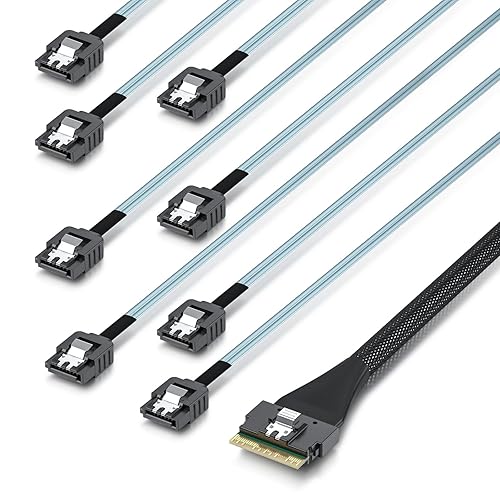 Miniatura 4 de ipolex Cable interno Mini SAS HD SFF 8643 a 4 x SATA 7 pines, cables Mini SAS con banda lateral, compatible con unidades SAS de 12 Gbps y unidades