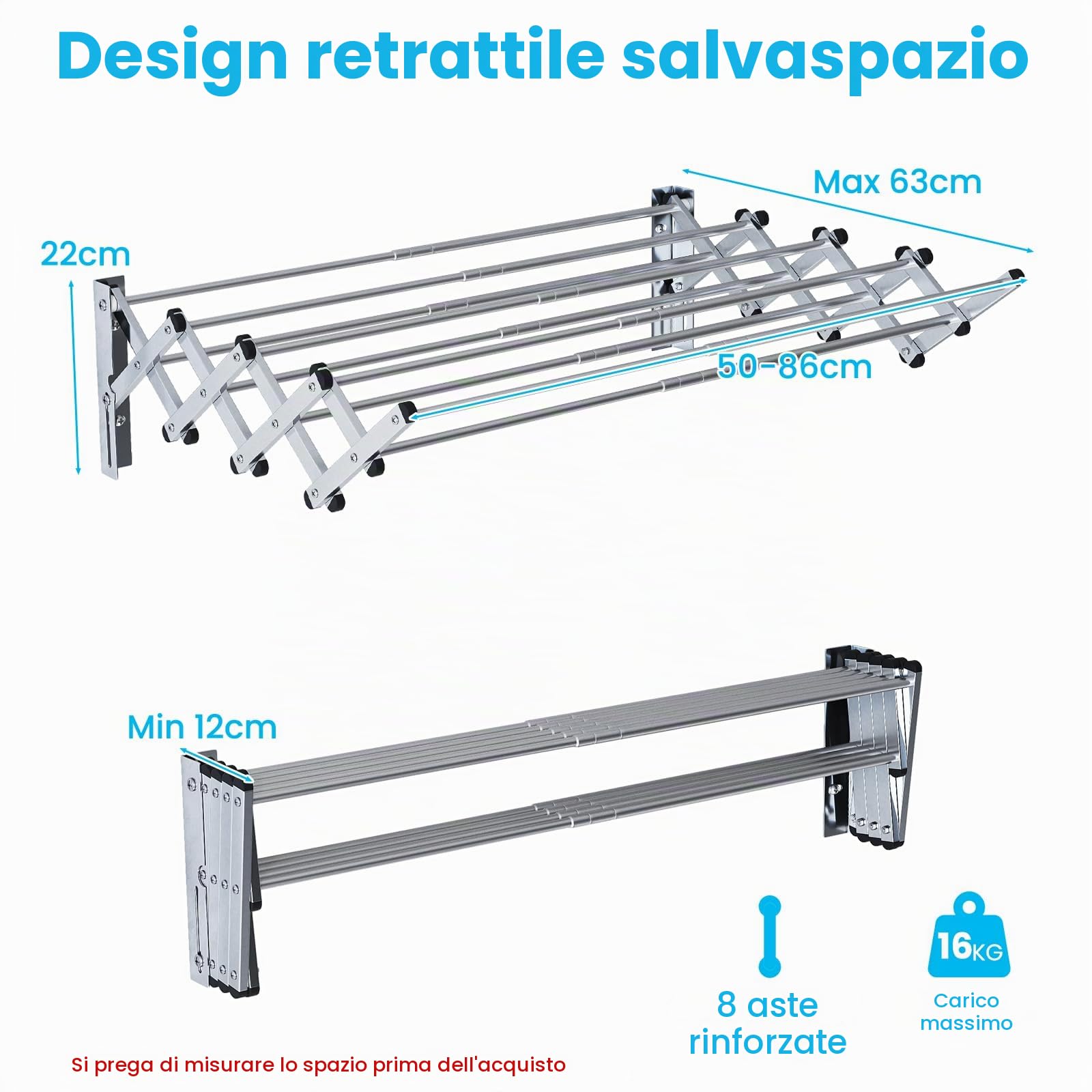 HOMASIS Stendibiancheria da Parete con 8 Aste in Acciaio Inox, Stendino da Parete per Bagno/Lavanderia, Stendino a Muro Richiudibile e Salvaspazio, Argento (50-86 x 63 x 22 cm)