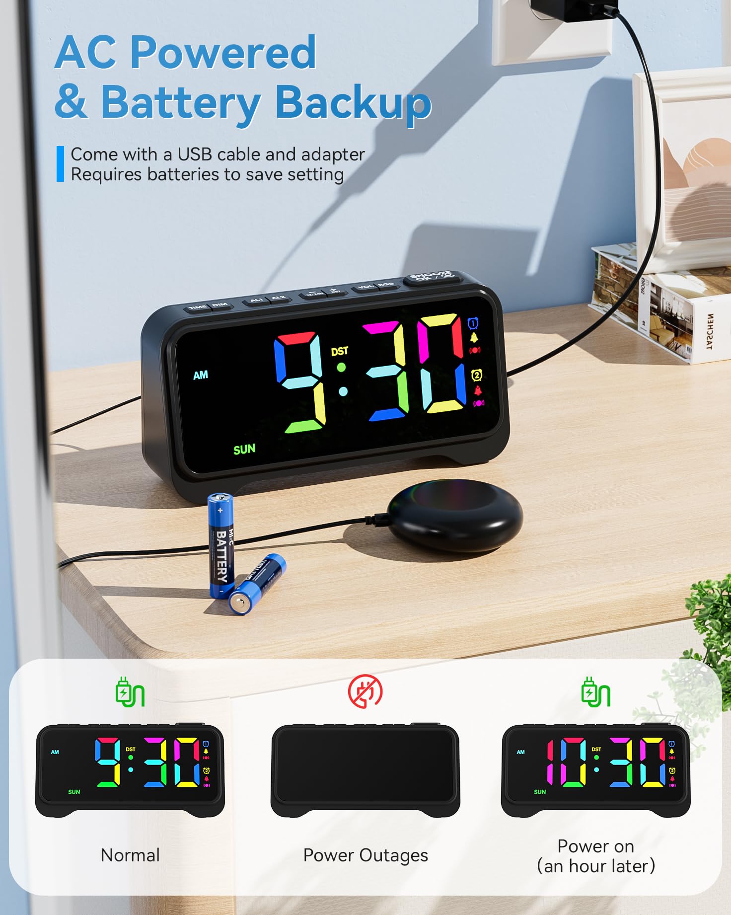 Amazon.com: Vibrating Alarm Clock for Heavy Sleepers, Digital Alarm Clock  with Bed Shaker, RGB Colorful Changing, Night Light, USB Charger, Dimmable  Loud Bedside Desk Clock for kids, Hearing Impaired Deaf, Adults :