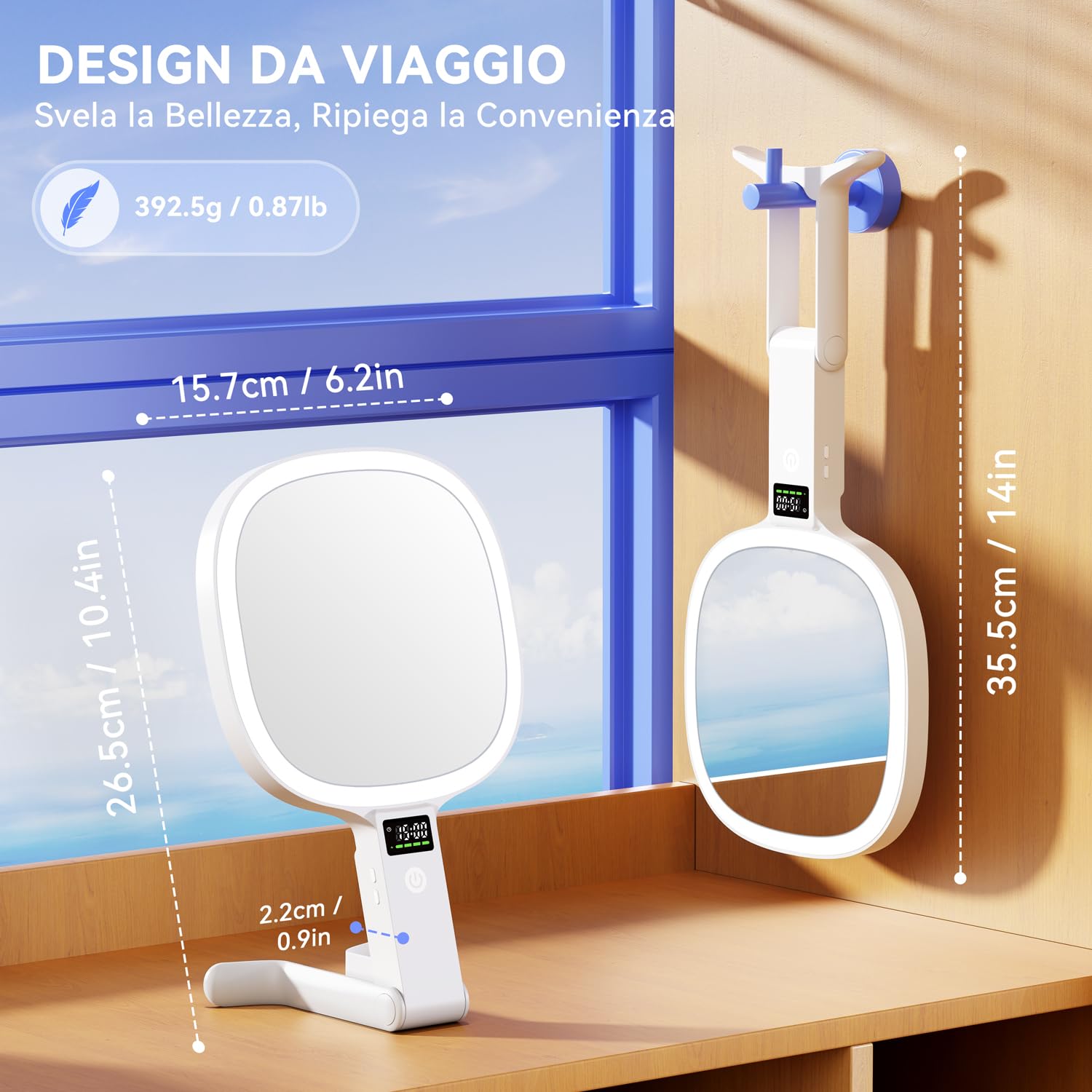 Auxmir Specchio Ingranditore Bifacciale 30X/1X Visualizza Tempo Intelligente, Specchio Trucco con Luci LED a 3 Colori Regolabile, Specchio da Tavolo Pieghevole a Mano e Appeso, Ricaricabile da Viaggio