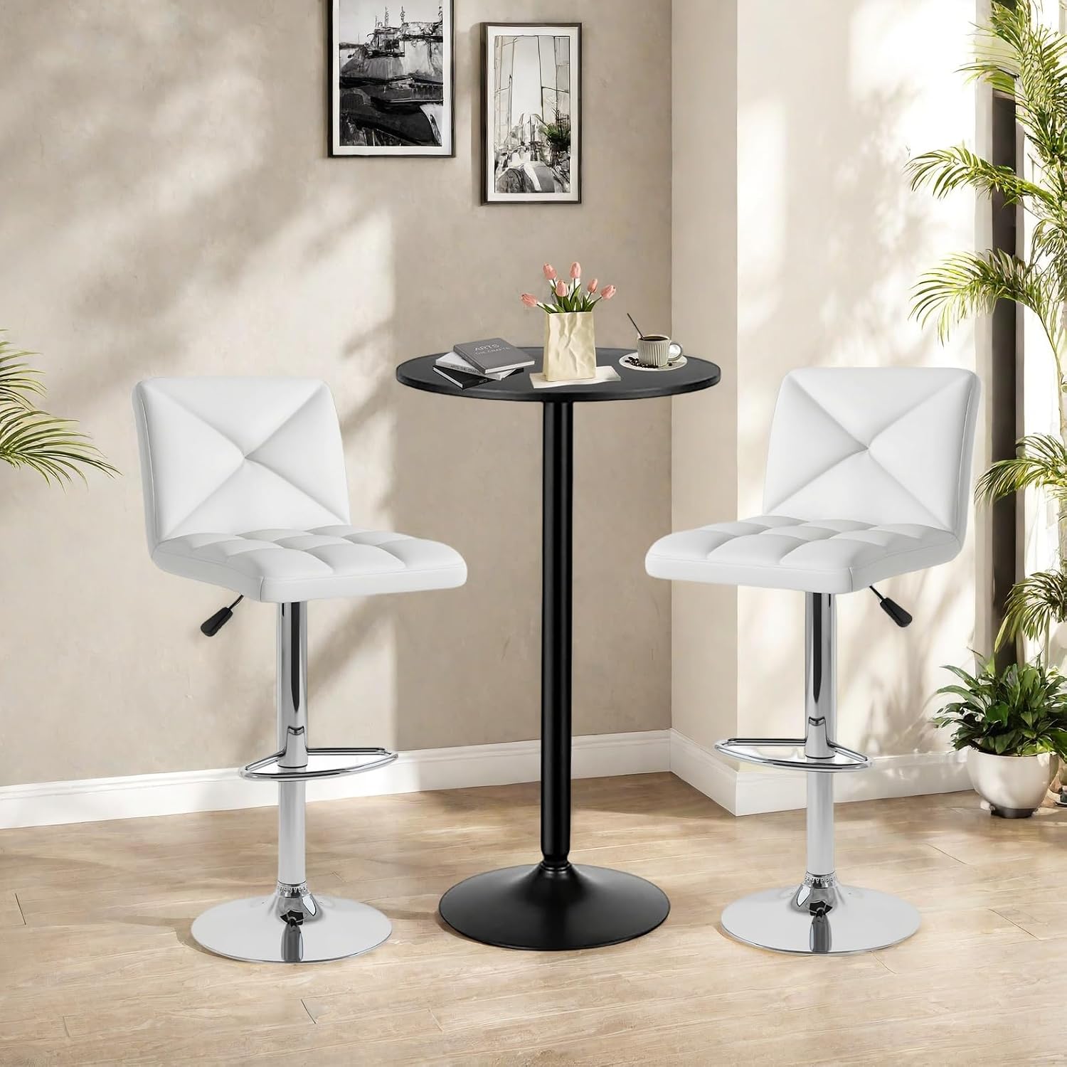 ERGOMASTER 3-Piece Bar Table Set, 24" Round Pub Table & Adjustable Swivel Stools, Modern Bistro Tables and Chairs Set for Kitchen or Studio Apartment(X Back, White)