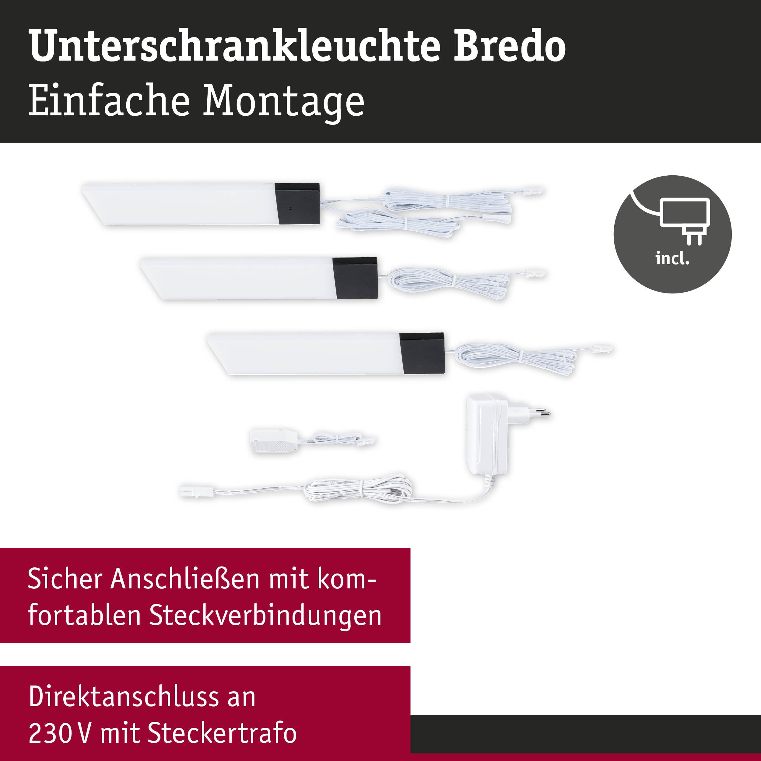 Paulmann 92123 LED Unterschrankleuchte Bredo inkl. Näherungsensor 3er-Set 3000K 2,5W 80x190mm 180lm Schwarz Möbelaufbauleuchte