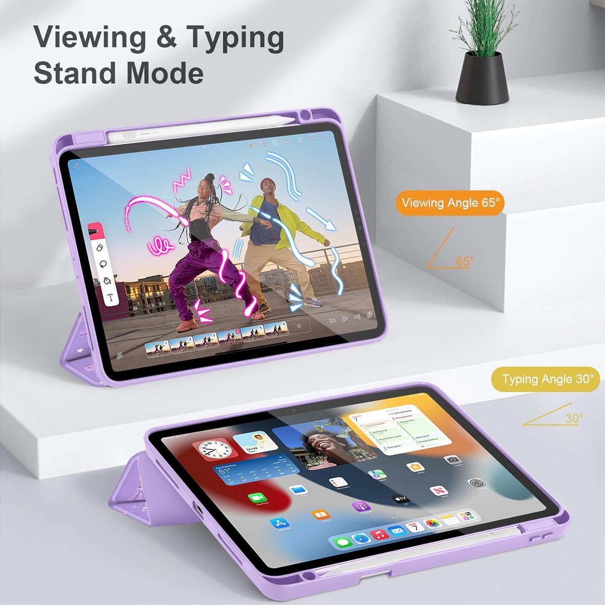 Tuiklol for iPad Pro 12.9 Inch 6th/5th/4th/3rd Generation 2022 2021 2020 2018 Case,Built-in Pencil Holder Clear Transparent Protective Back Shell Cover with Auto Sleep/Wake, Bow-Purple