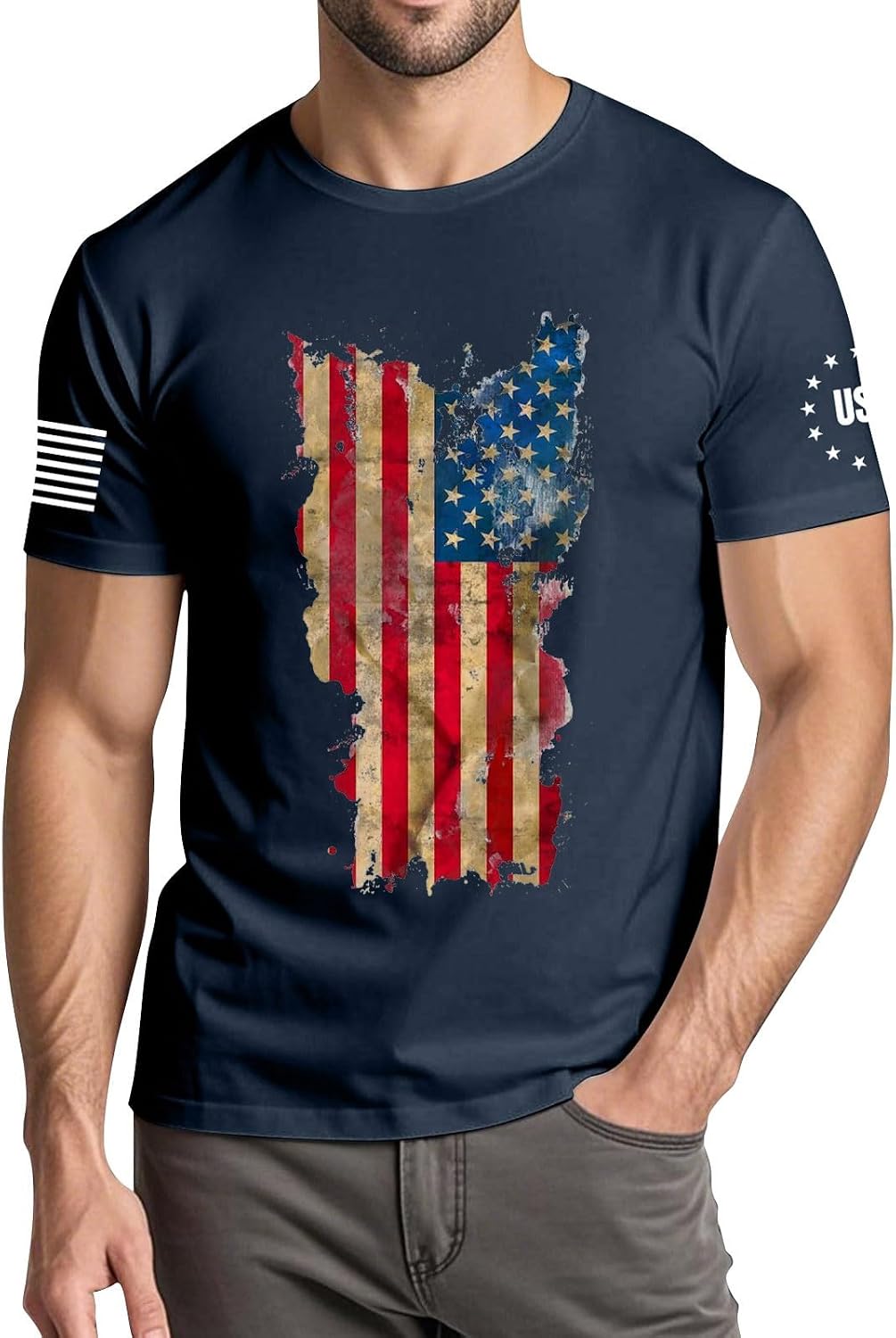 Ymosrh Mens 4th of July Tshirt USA Flag Print Tee Shirt Short Sleeve Athletic Workout Tops, M-3XL