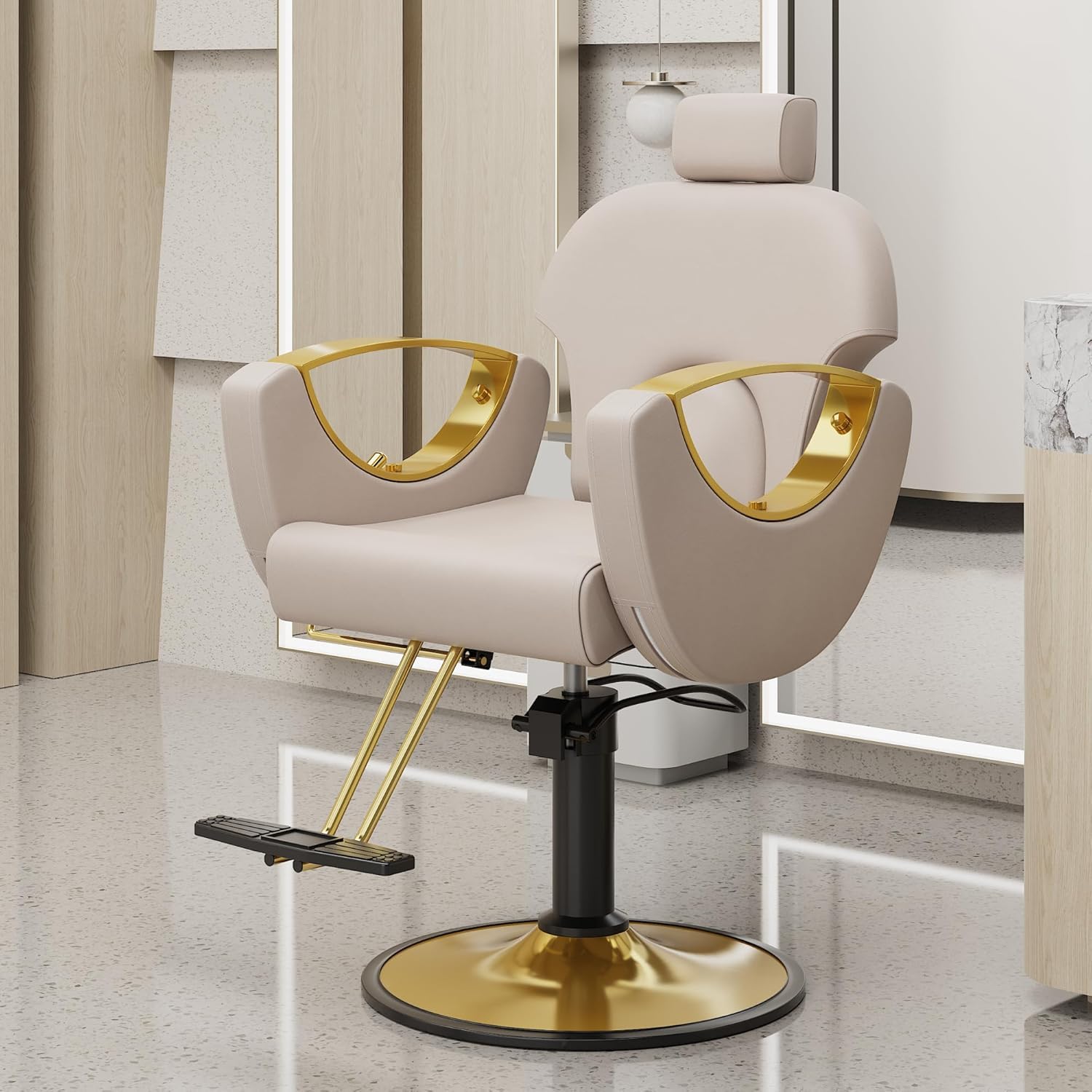Drmilito Poltrona da Parrucchiere Sedia da Barbiere Reclinabile 90°-135° con Regolabile Poggiatesta Schienale Altezza,Girevole a 360°,per Parrucchiere Salone di Bellezza Tatuaggi (Beige) - 2
