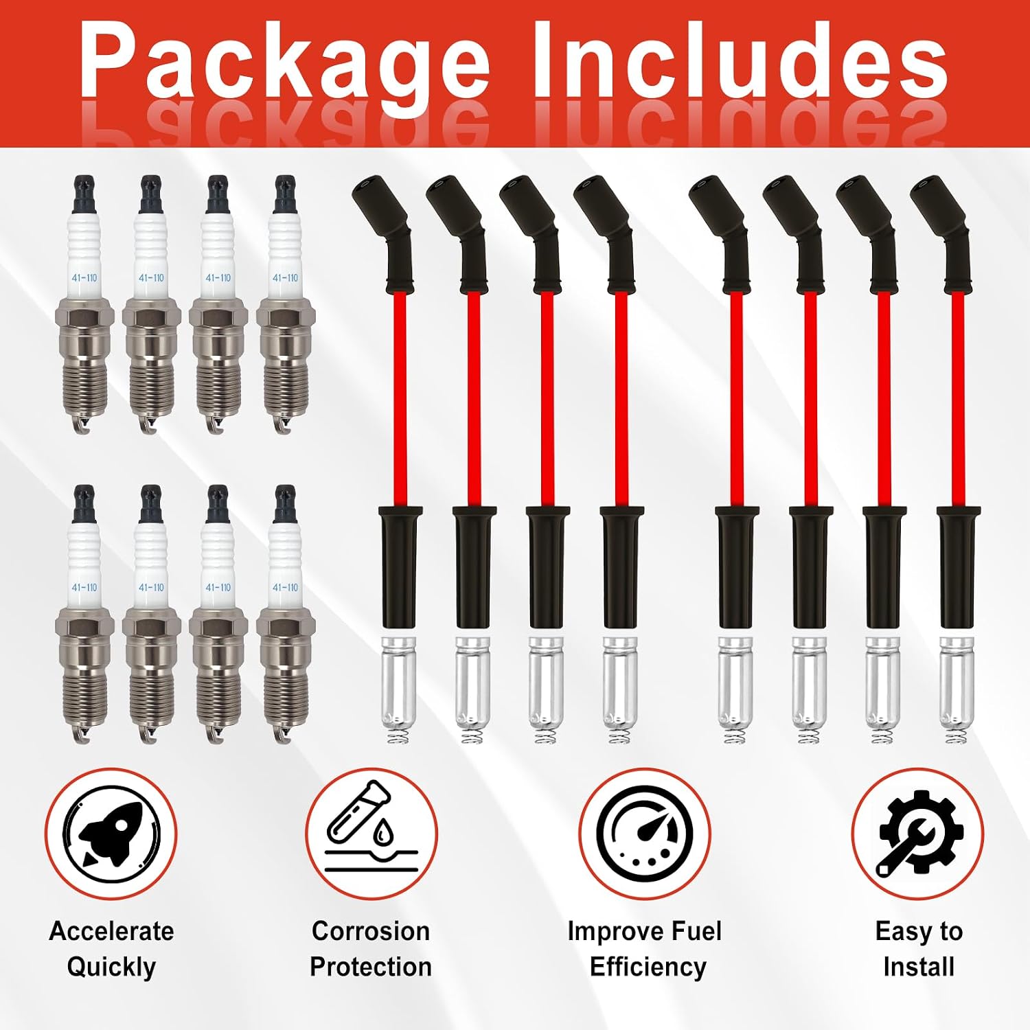 9748HH Spark Plug Wires Set with 41-110 Iridium Spark Plugs Compatible with Chevy Silverado Tahoe Suburban GMC Sierra Yukon Cadillac Escalade 4.8 5.3 6.0 6.2 V8, Replace 41-162 48322 9748GG (8 Set)