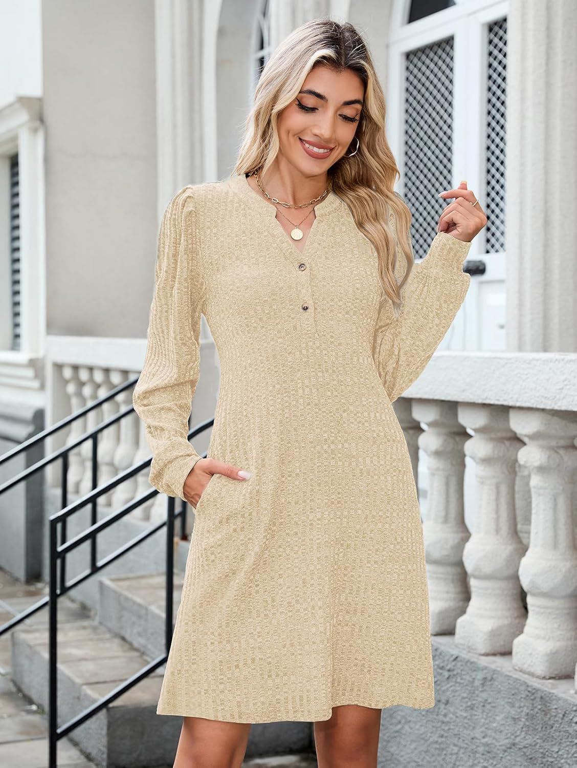 ZAFUL Womens Long Sleeve Fall Dresses with Pockets V Neck Button Casual Bodydoll Knit Sweater Dress 2025 - Image 2