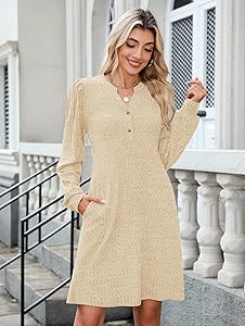 ZAFUL Womens Long Sleeve Fall Dresses with Pockets V Neck Button Casual Bodydoll Knit Sweater Dress 2025