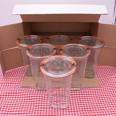 Weck RR100 Lot de 6 bocaux de conservation en forme de tulipe 1 l avec accessoires de sélection dans le carton d'origine (avec couvercle en verre