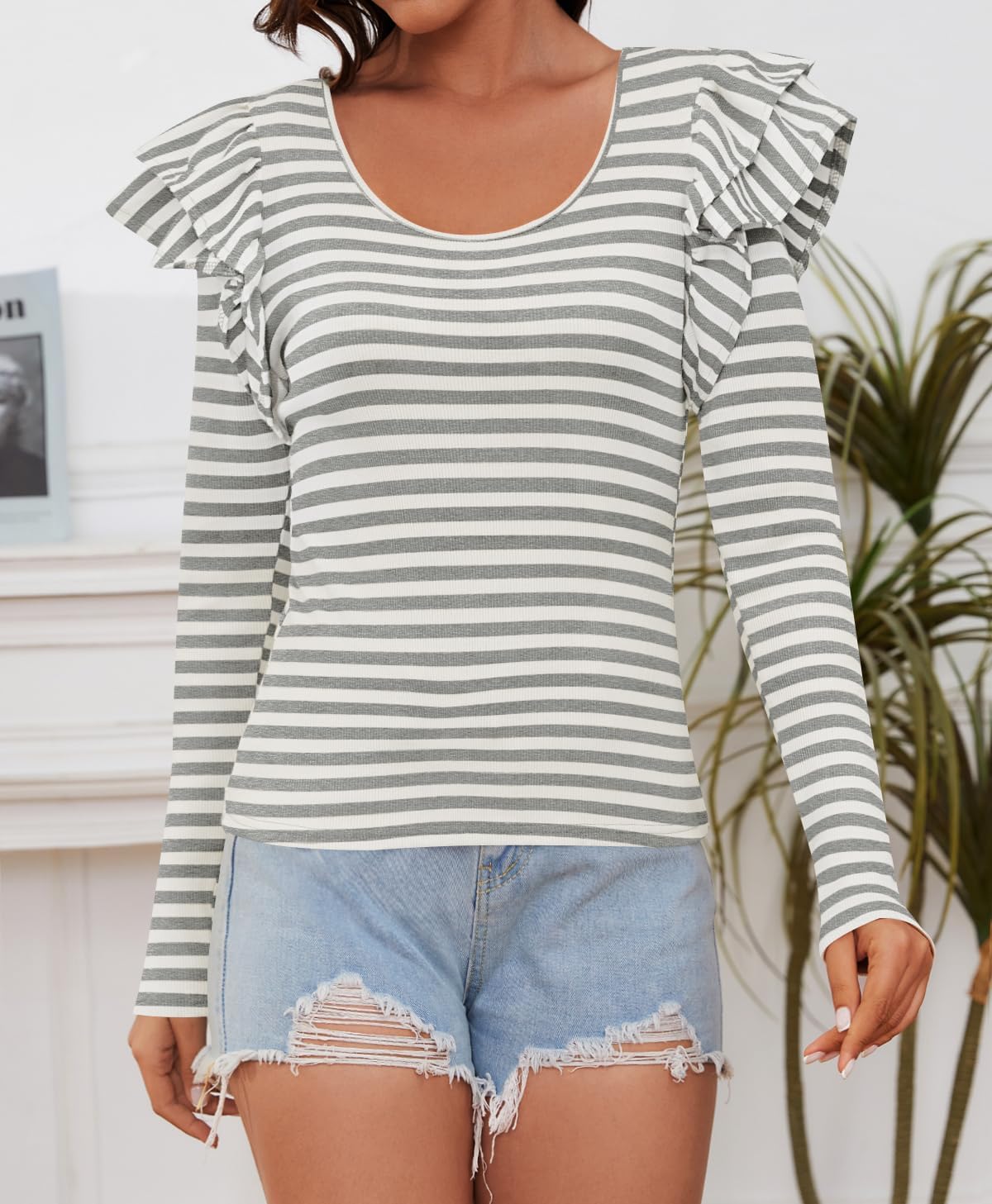 ZESICA Womens Ruffle Long Sleeve Scoop Neck Shirt Striped Slim Fitted Casual Basic Tee Tops Trendy Spring Clothes - Image 2