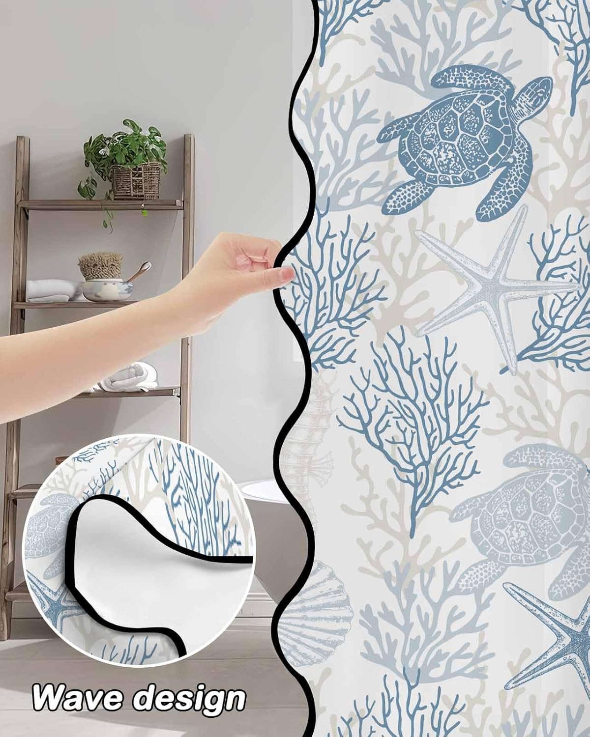 Ocean Light Blue Scalloped Shower Curtain Boho Cute Aesthetic Shower Curtain with Black Border Edge Waterproof Fabric Summer Coral Sea Turtle Seahorse Starfish Bathroom Curtain Decor 48 W x 72 L