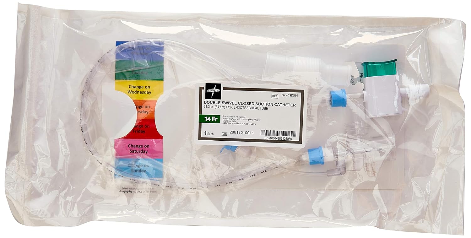 Medline Industries DYNCSDS14 Double Swivel Closed Suction Catheters, 14 French Size, Adult (Pack of 10)