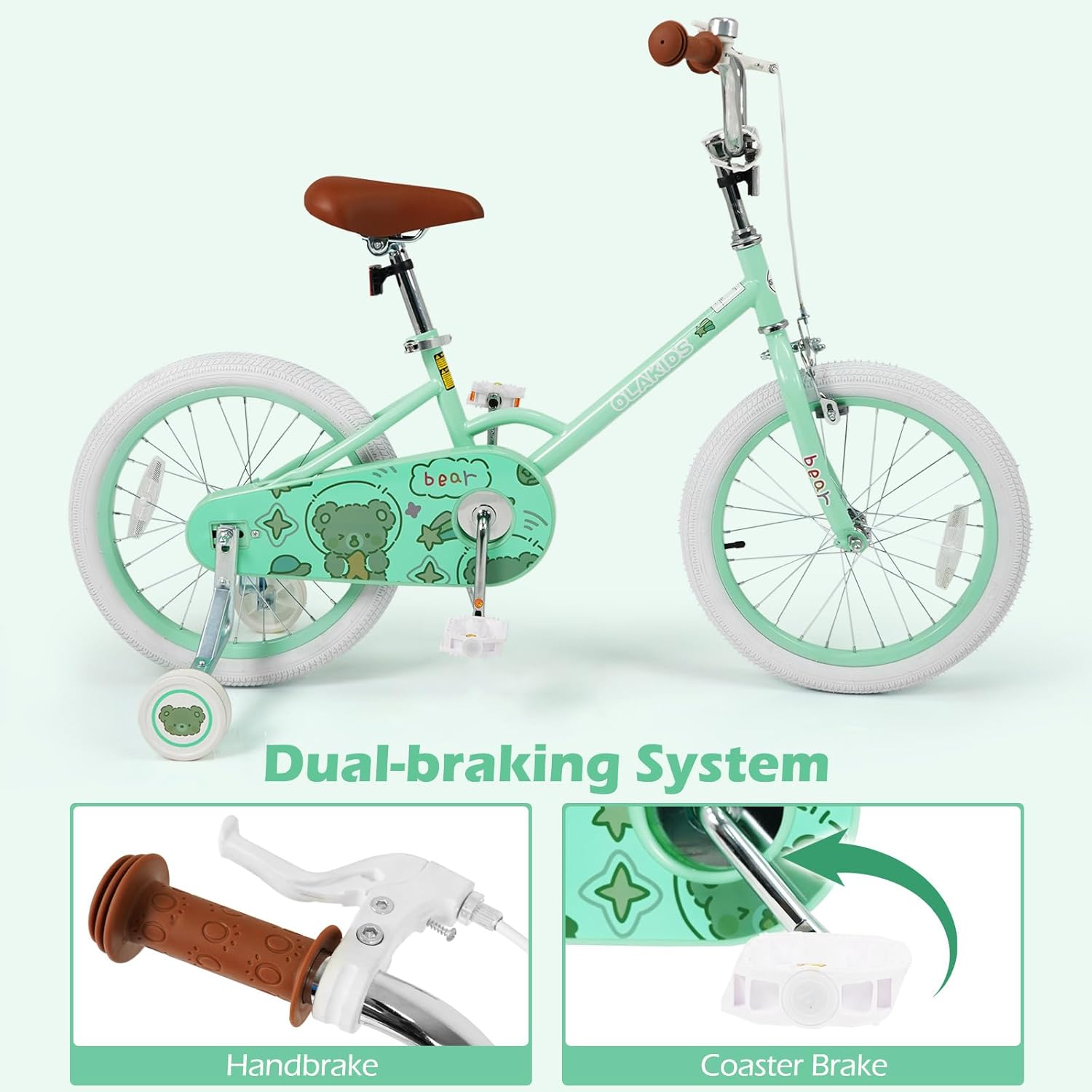 Olakids Kids Bike, 12 14 16 18 Inch Bear Themed Toddlers Bike with Training Wheels Adjustable Seat Handlebar Coaster Brake and Handbrake, Children's Bicycle for Boys Girls