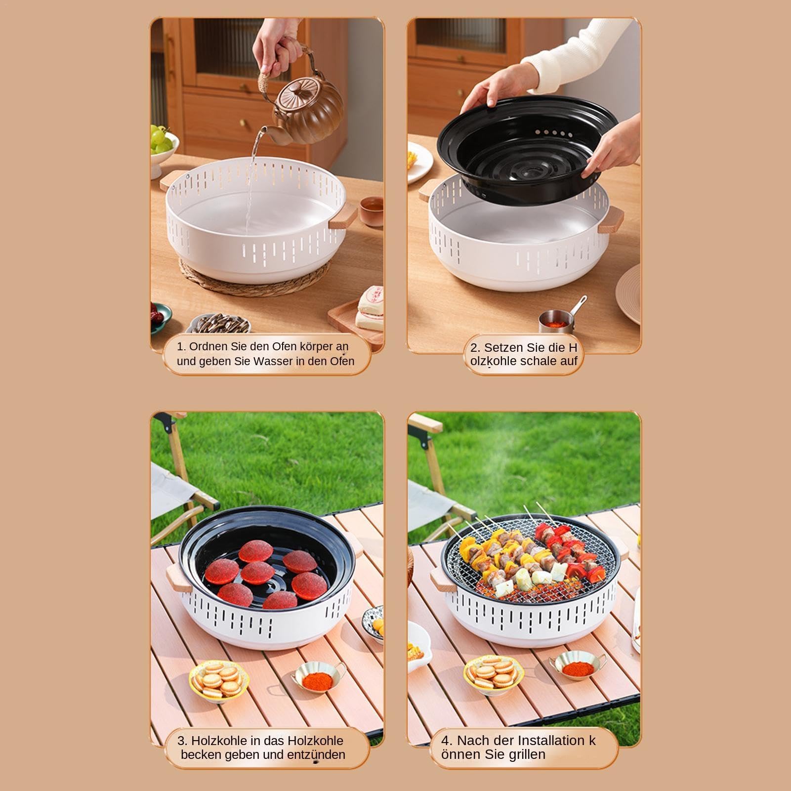 Barbecue portatile a carbonella, portatile, griglia a carbonella | da campeggio, griglia densa, griglia da tavolo con portatile, teglia antiaderente, per picnic BBQ