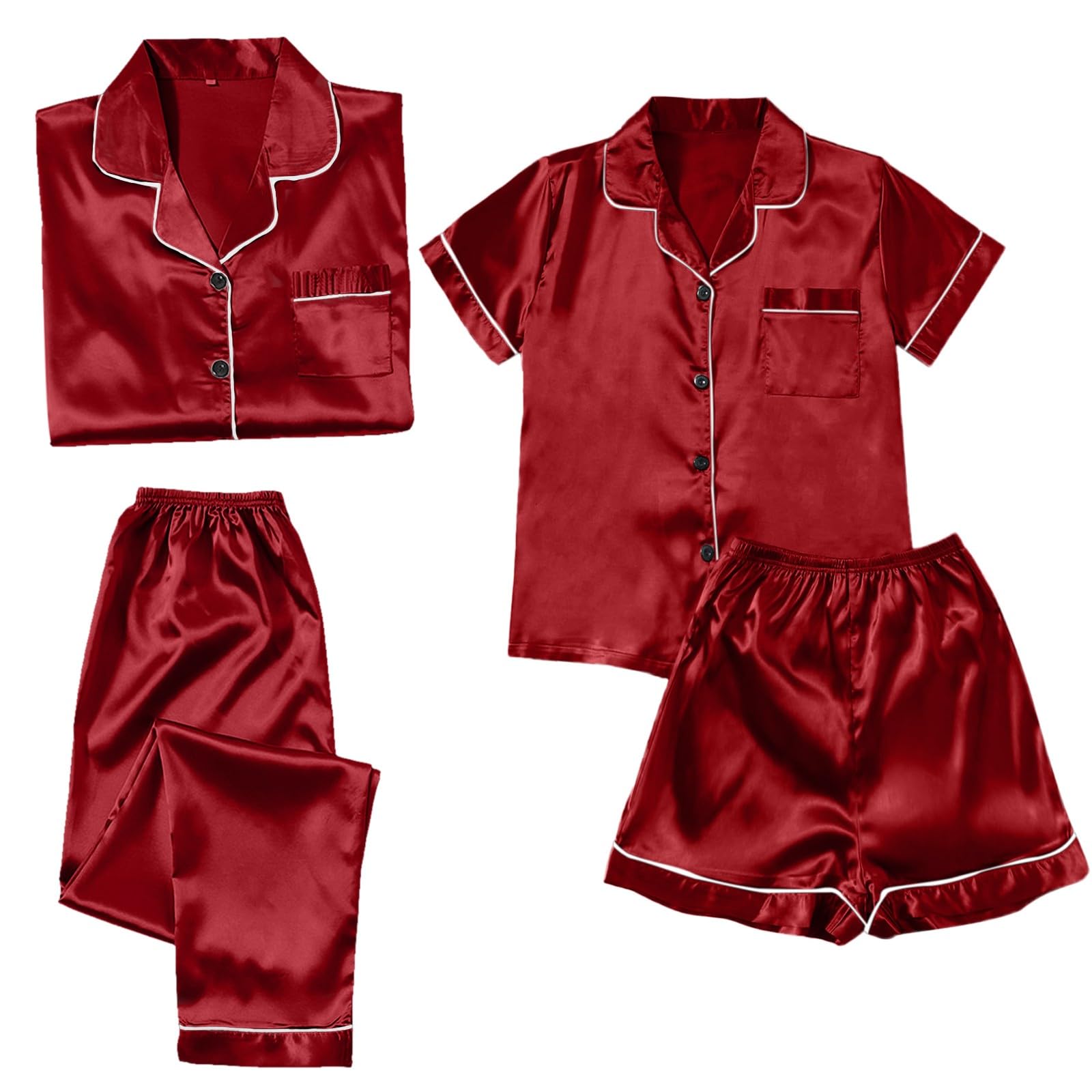 Conjunto de pijamas para mujer, 4 piezas, pijamas de talla grande para mujer, pijamas casuales para mujer, pantalones cortos de encaje, ropa de casa, pijamas con carlino (vino, XXXXXL), Vino,