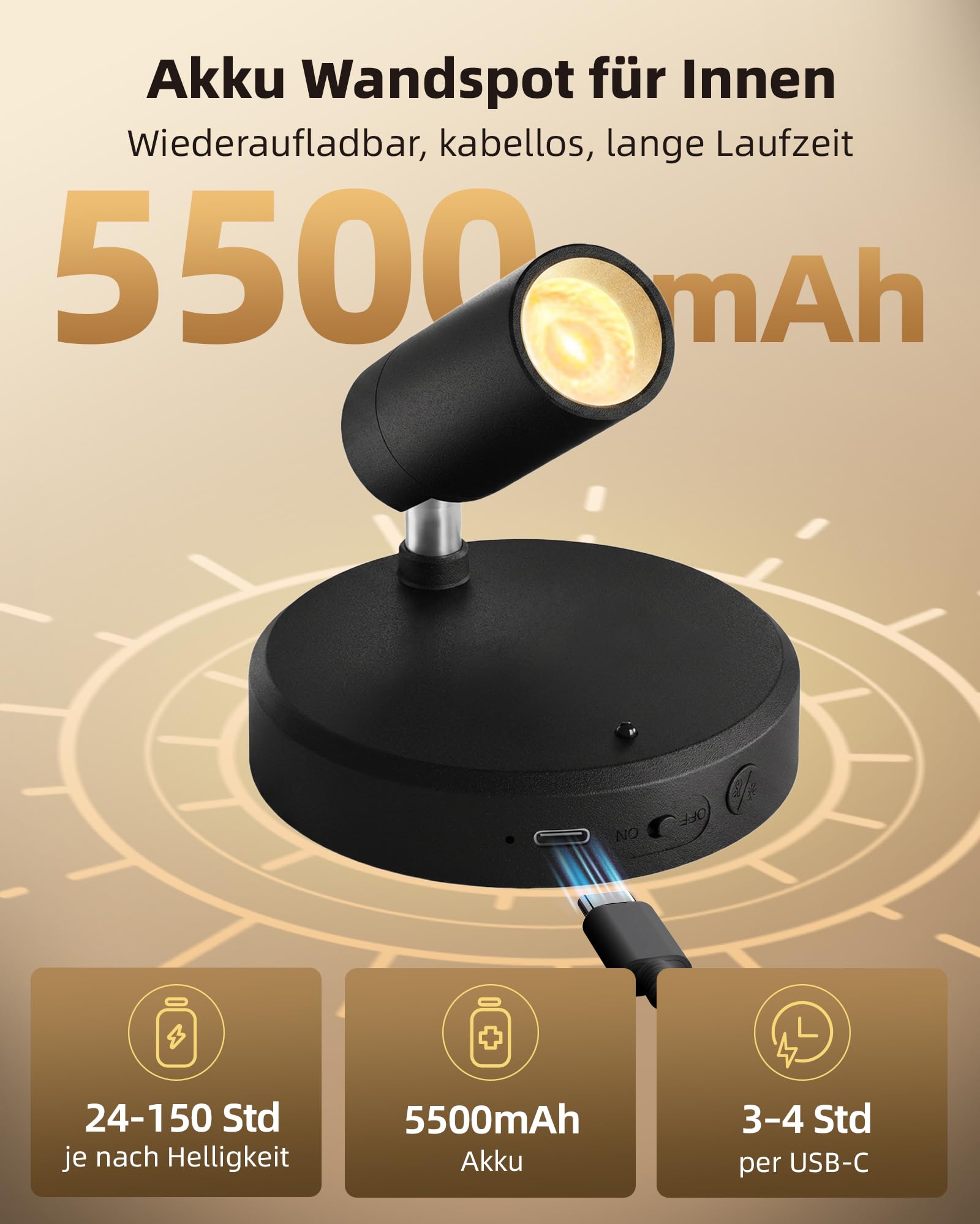 EZVALO Kabelloser Spotlight Schwarz, Aufladbarer Wandspot mit 5500mAh Akku, 3 Farben Dimmbar, 350° Drehbare Wandleuchte Innen mit Fernbedienung & Timer, für Bilder, Pflanzen und Deko [2er Set]