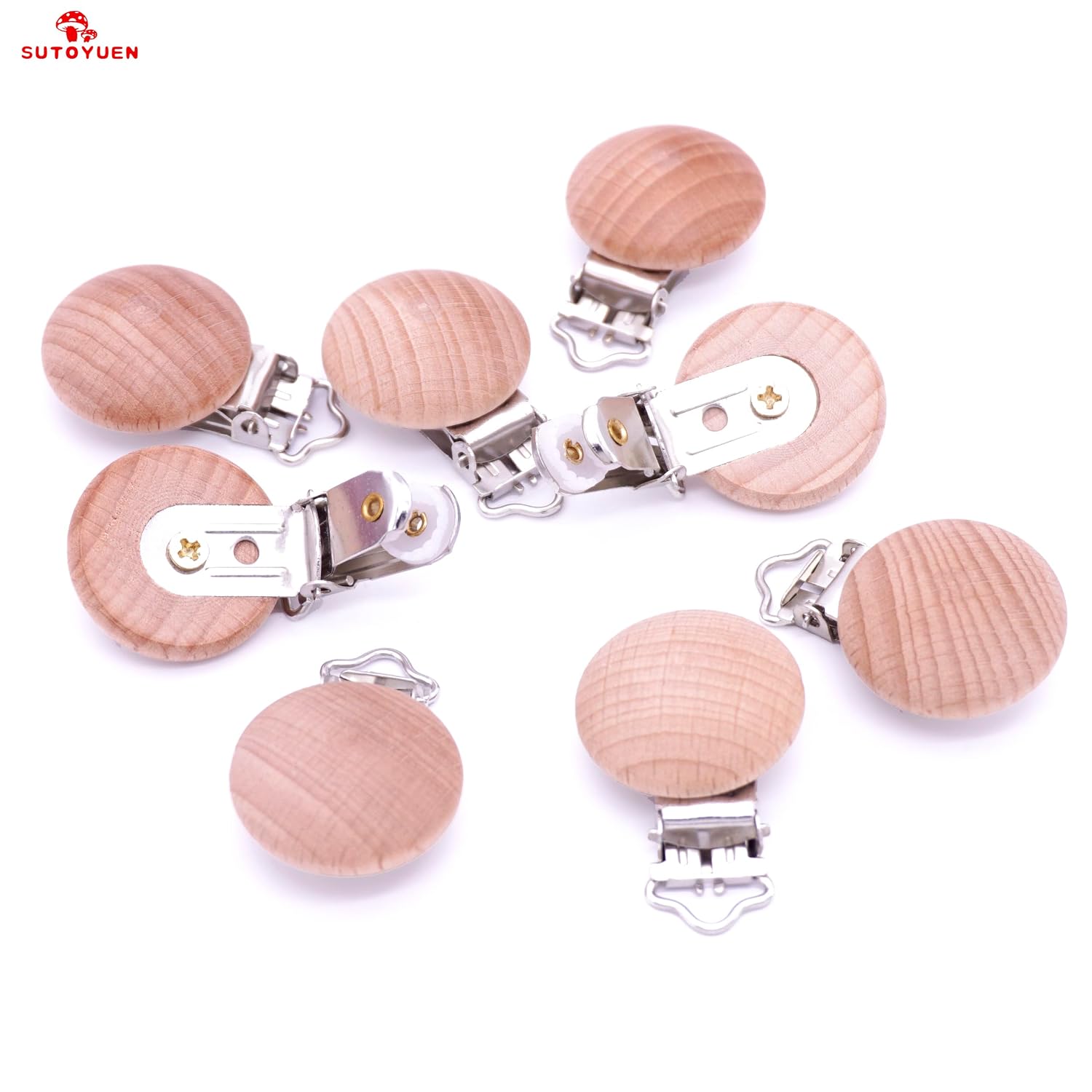 Natural Beech Wood Round Pacifier Clips Silicone Pacifier Holder Suspender Clips Sutoyuen Wood Pacifier Clip Holder Charm for DIY Babies Dummy Chain Accessories 30 Pieces (Without Hole)