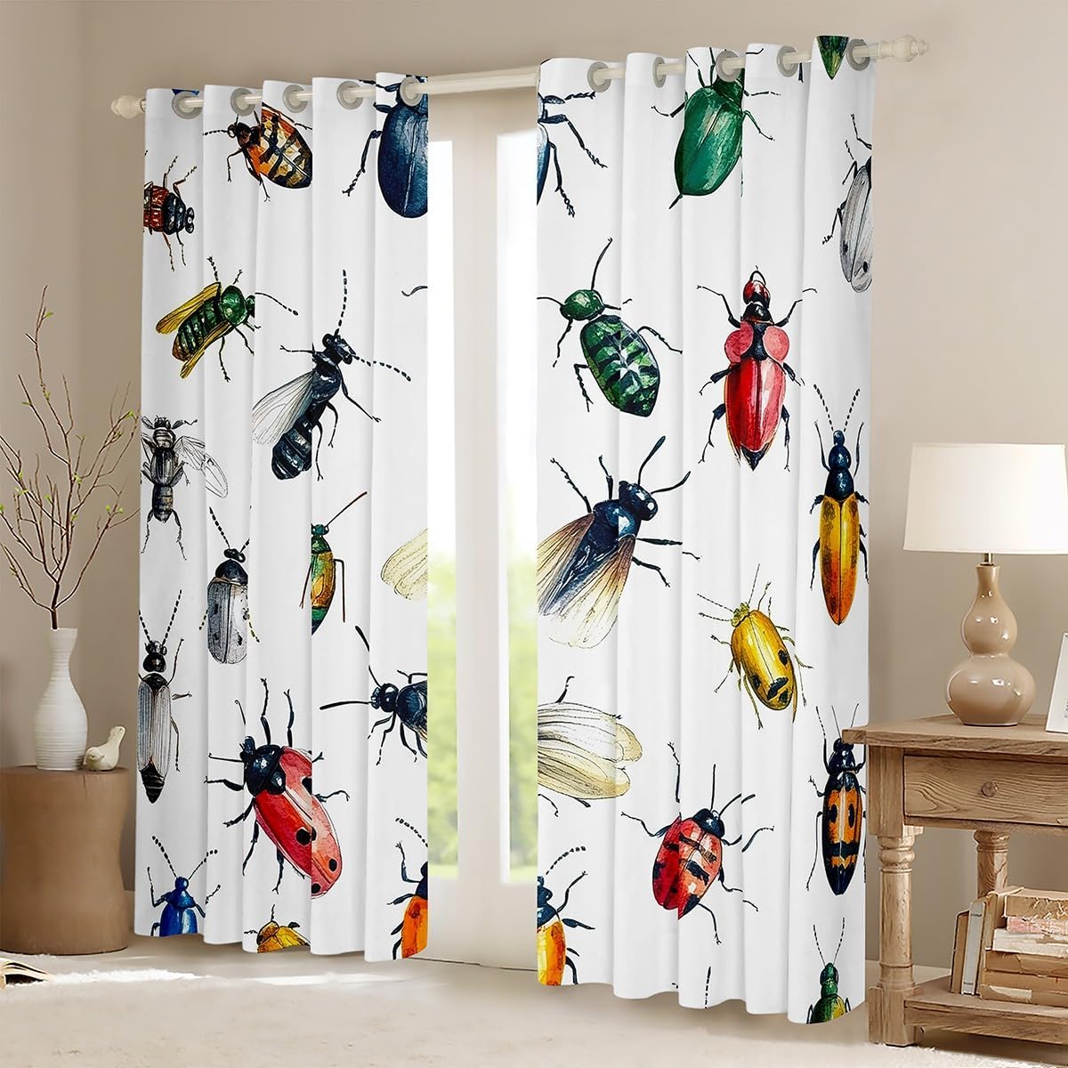 Feelyou Bug Curtains for Bedroom Living Room Kids Cute Ladybug Window Drapes Flying s Beetle Window Curtains Colorful Nature Animal Window Treatments Decor (2 Panels, 42 x 63 Inch)