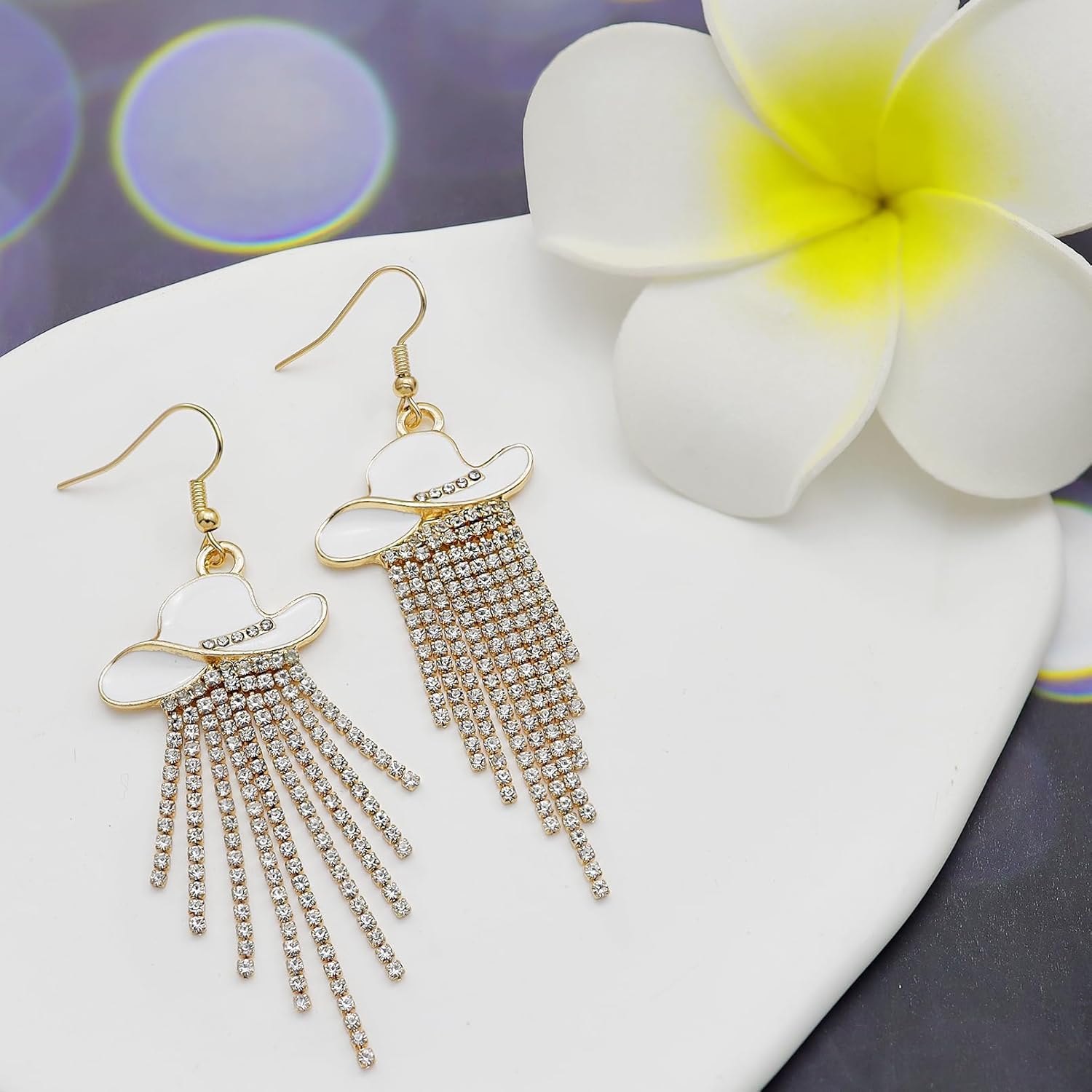 RechicGu Western Cowgirl Enamel Hat Sparkly Rhinestone Tassel Dangle Earrings Prom Country Concerts Rodeo Cowboy Outfits Jewelry Gift for Women - Image 3