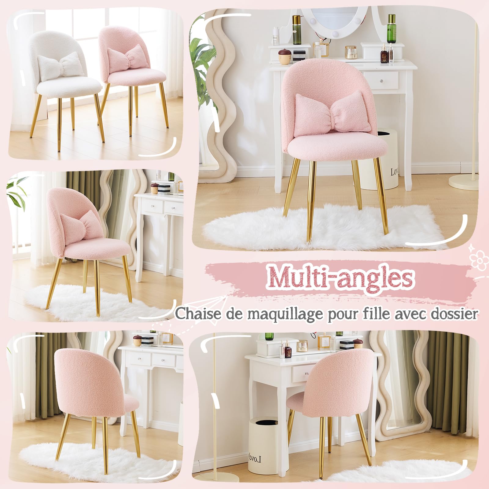 Bonnlo Fauteuil Relax, Chaise Coiffeuse, Fauteuil avec Coussin Nœud, Dossier Incurvé sans Accoudoirs, pour Salon, Bureau, Chambre, en Peluche Lapin/Teddy, 55 x 48 x 78.5 cm (Teddy & Rose)