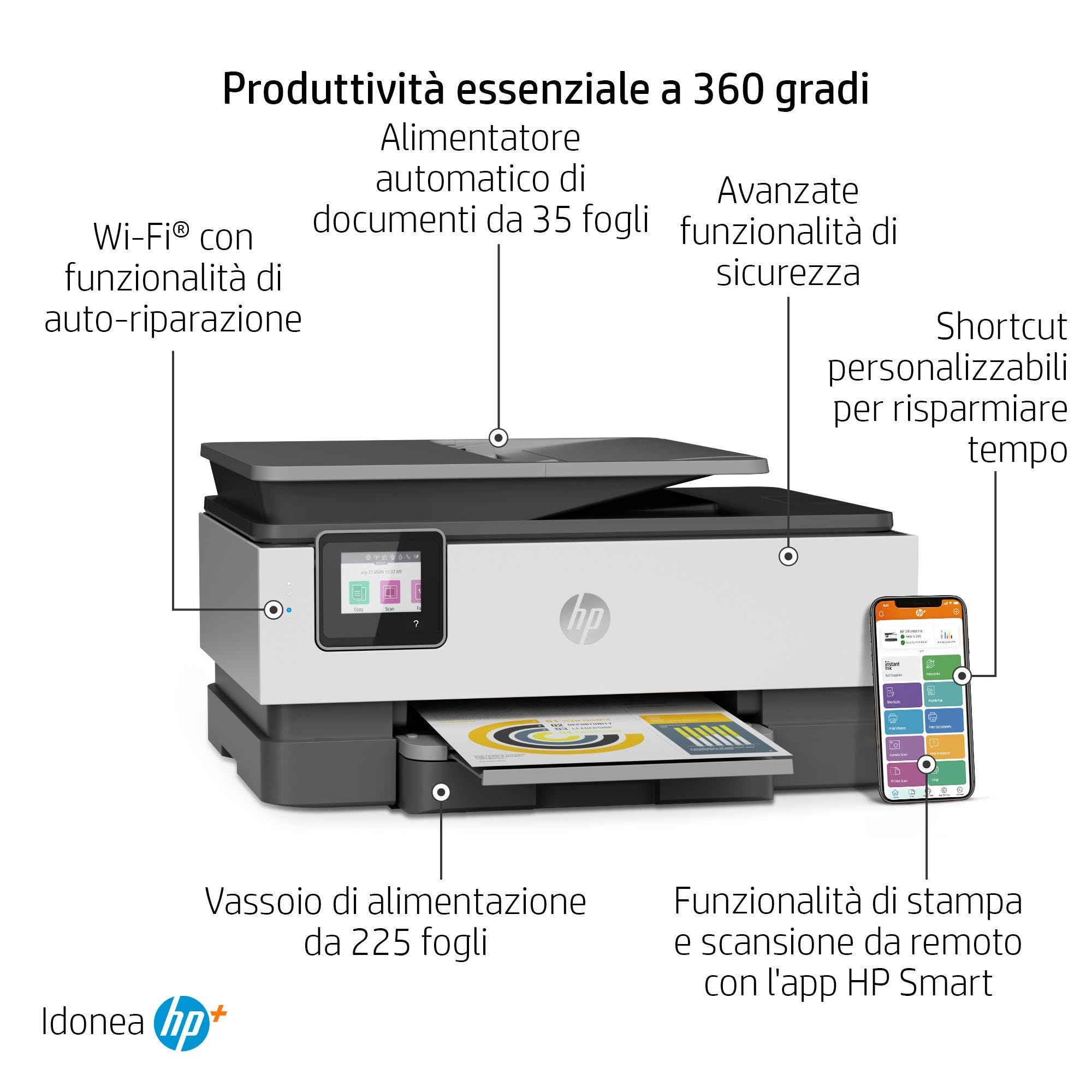HP OfficeJet Pro 8022e 229W7B, Stampante Multifunzione a Getto d'Inchiostro A4 a Colori, Fronte e Retro Automatico, 29 ppm, Wi-Fi, 6 Mesi di Inchiostro Instant Ink Inclusi, Nera