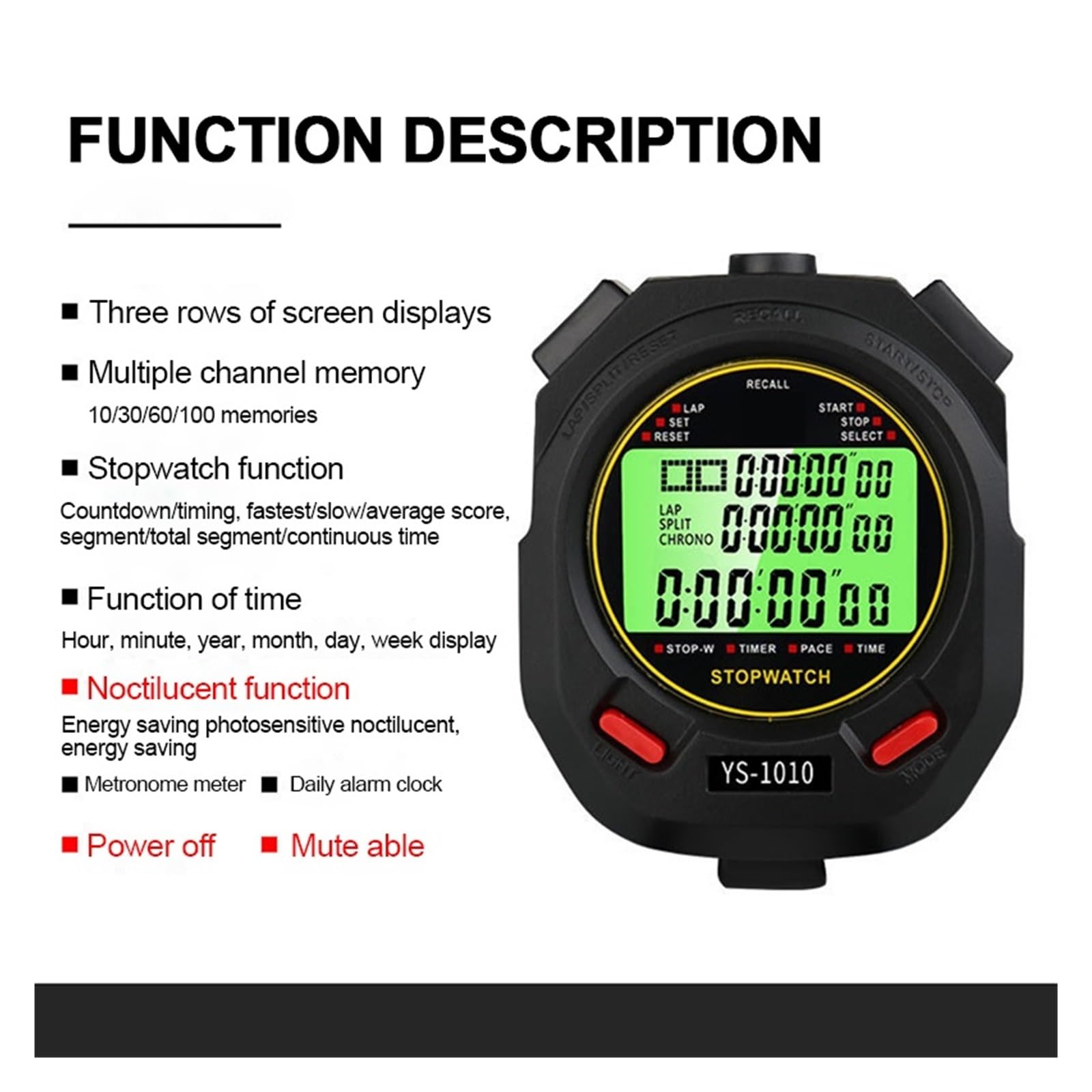 Cronometro, Cronometro elettronico luminoso Timer digitale 10/30/60/100 Cronometro sportivo multitraccia Timer portatile for allenamento di corsa(60 Tracks)