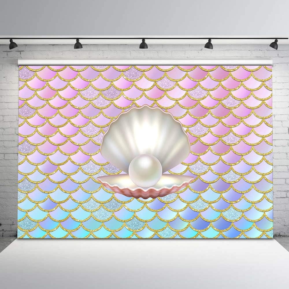 Mocsicka 8x6ft Mermaid Backdrop Under The Sea Photo Bakground Vinyl Glitter Scales Shell Pearls Backdrops for Girls (8x6)