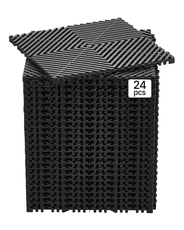 VEVOR Kit com 24 Tapetes Modulares de Drenagem Intertraváveis em PP, 30,5 x 30,5 cm, Espessura de 1,5 cm, Antiderrapantes, Pretos