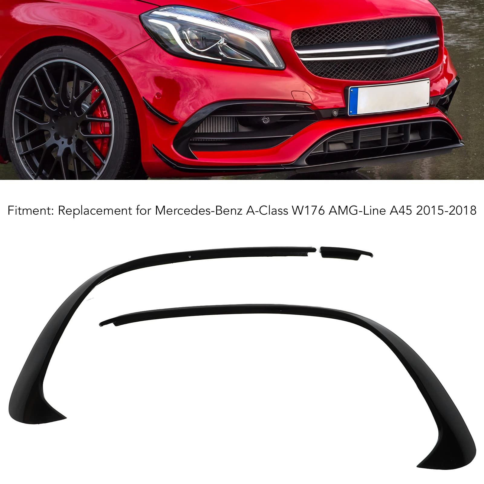 Alerón de Parachoques Delantero Qiilu 3 Uds Negro Brillante Parachoques Delantero Spoiler Splitter Trim Recambio para Mercedes Benz Clase a W176 AMG‑Line A45 2015‑2018