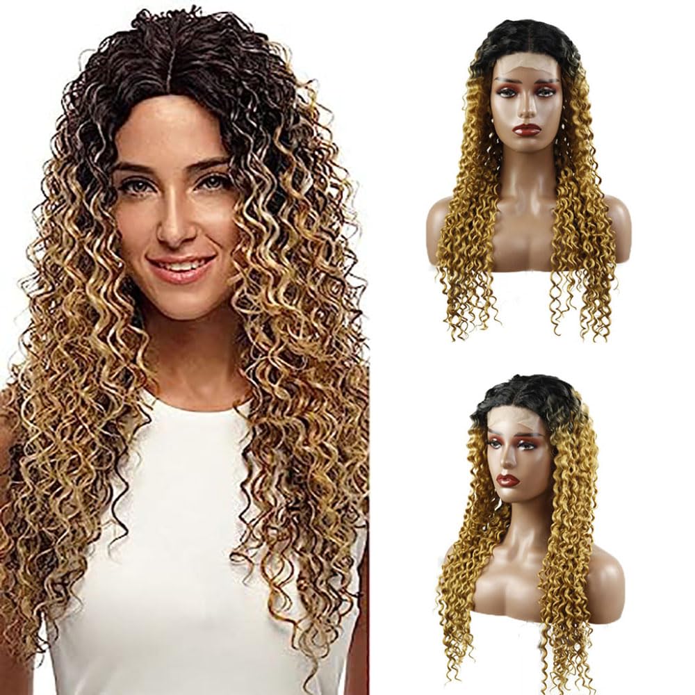 Weeybay Curly 4x4 Lace Front Wigs 1B/27 Black Root Honey Blond Real Unprocessed HD Transparent Human Hair Wigs Ombre Blonde Color for Women 20 Inch