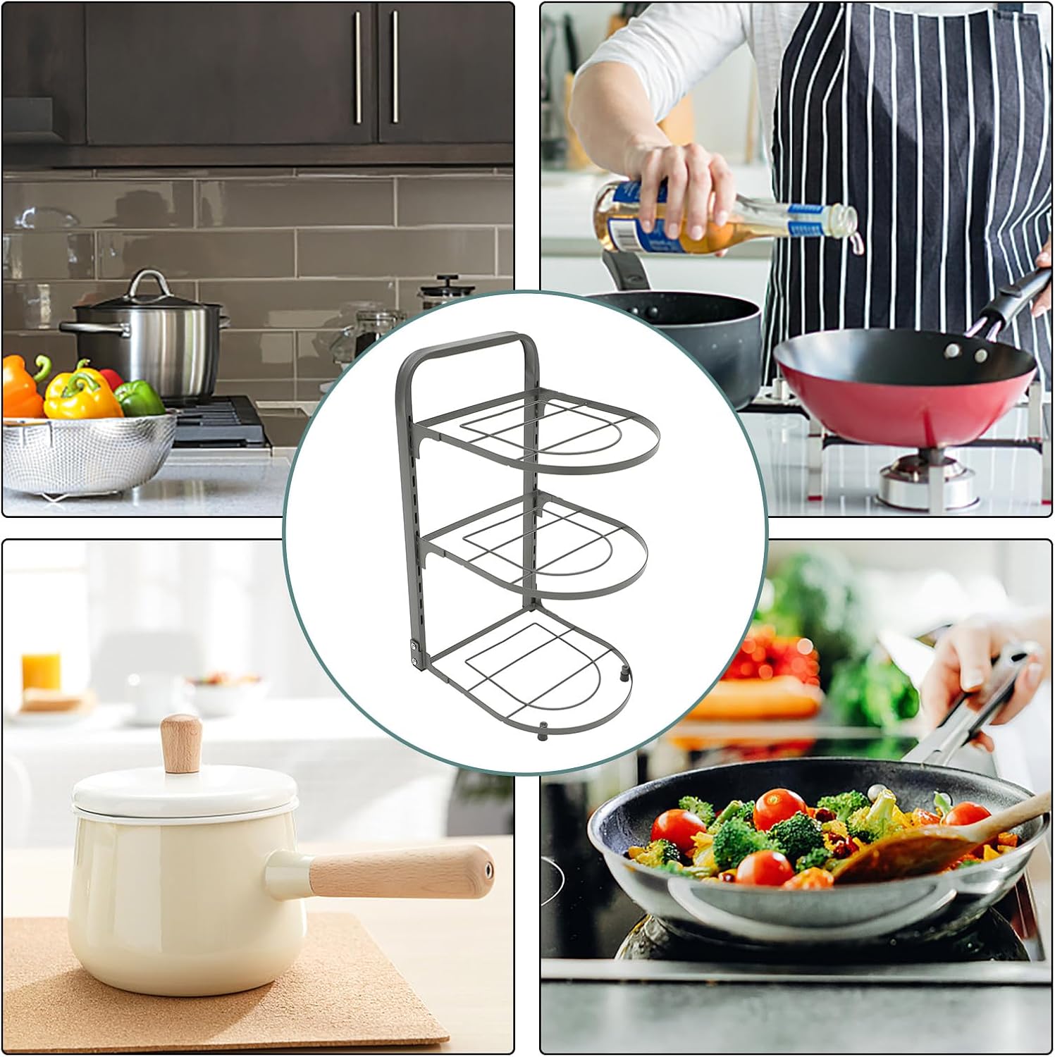 Foldable Multi-function Pot Rack for Kitchen Cabinet, 3-tier Gray round Pan Organizer with Large Capacity Storage for Pots and Cookware